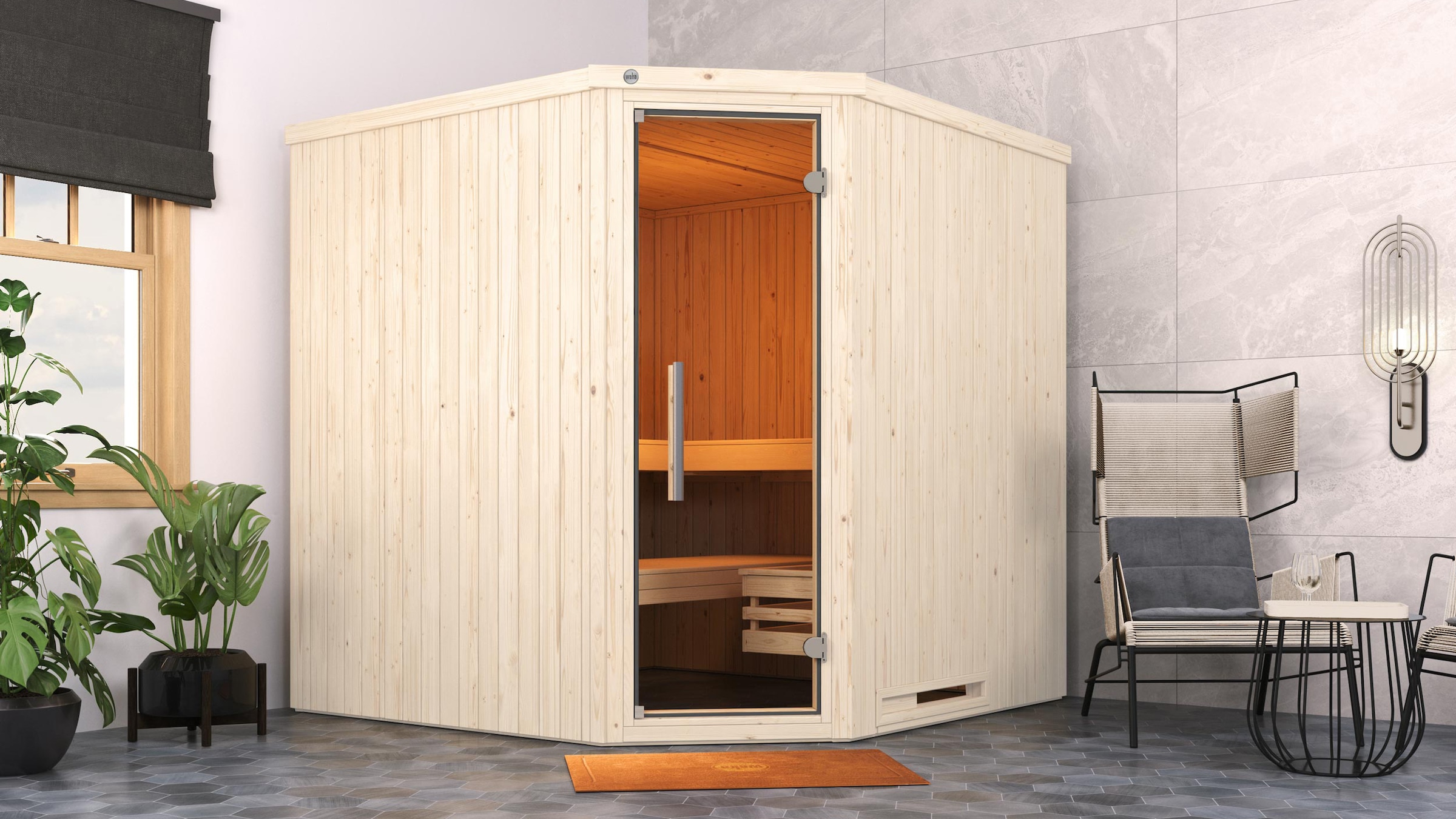 weka Sauna »Element-Ecksauna VARBERG 3« vorgefertigte Elemente, moderne Ganzglastür