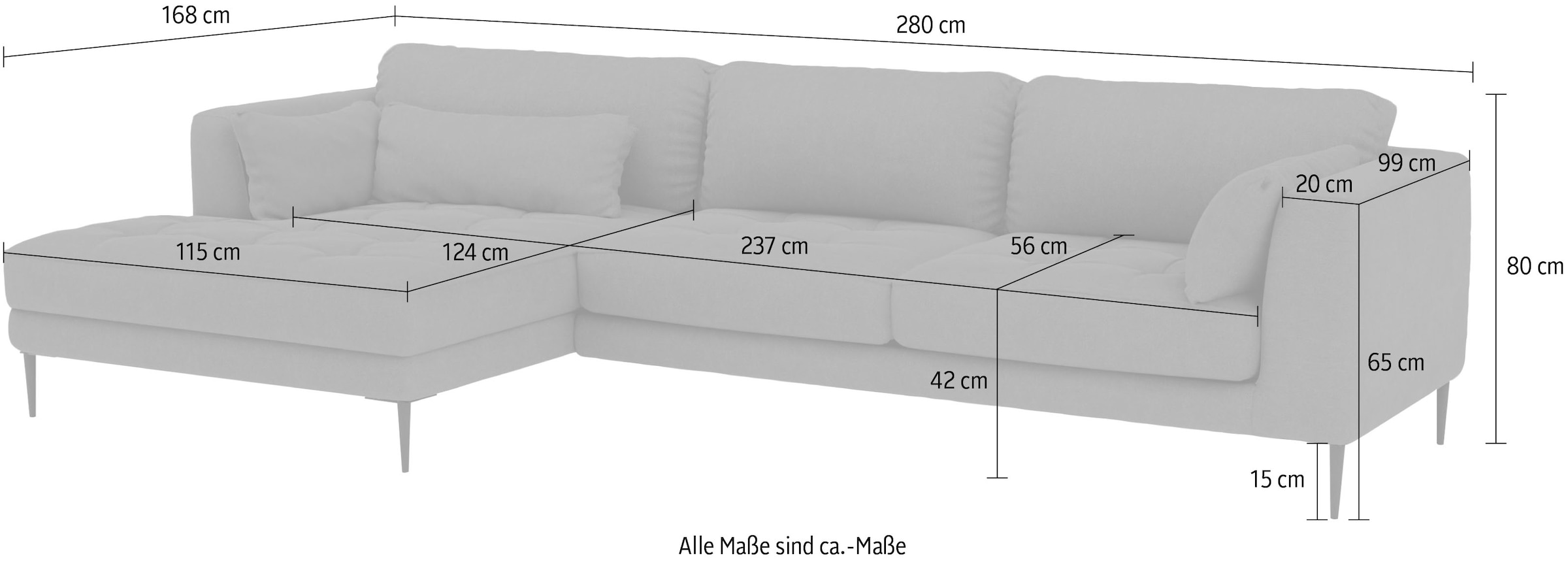 TRENDMANUFAKTUR Ecksofa »Luzi, wahlweise mit Schlaffunktion und Bettkasten bestellbar, L-Form«, Designsofa mit tollem Sitzkomfort, Metallfüße schwarz, Breite 280 cm