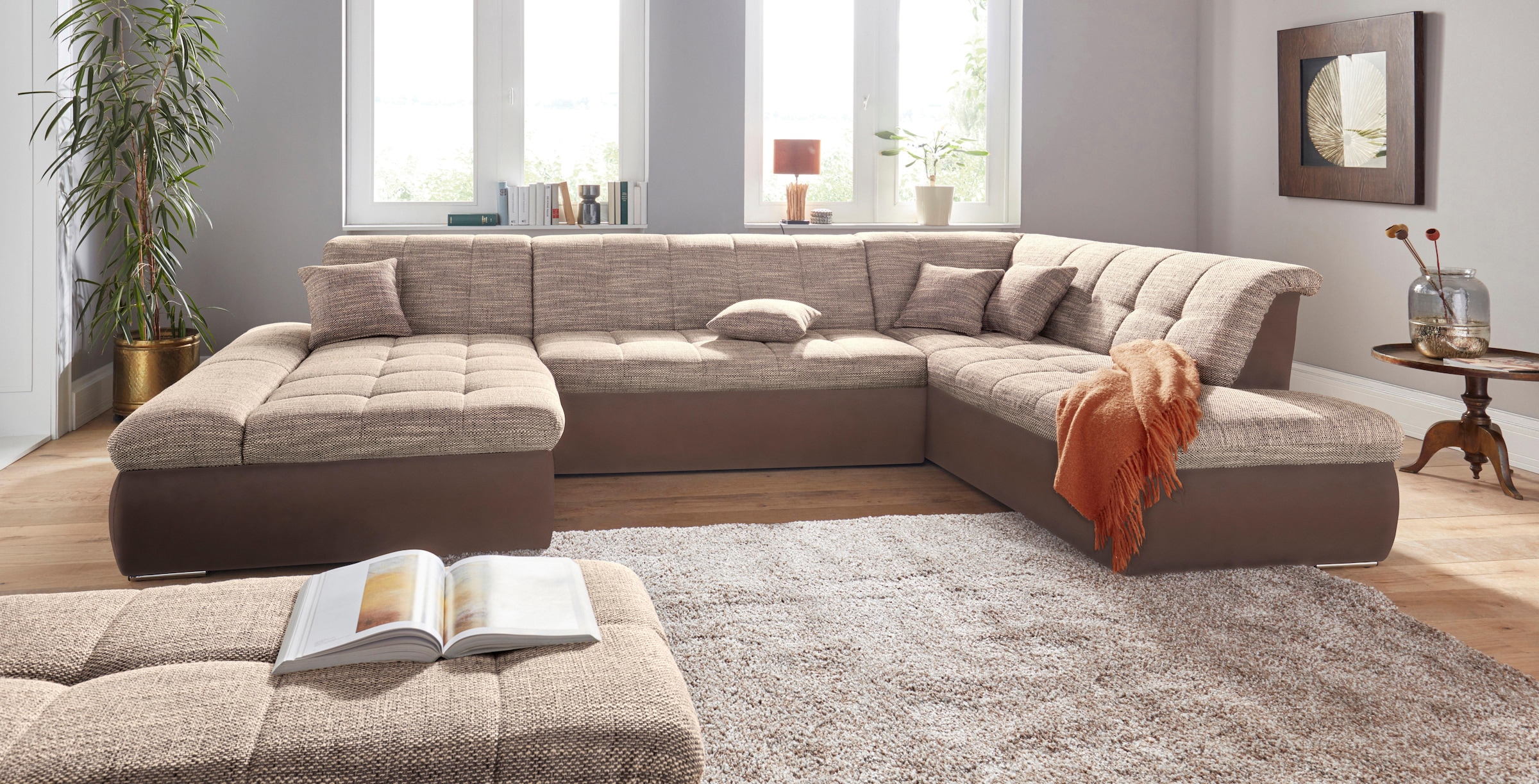 DOMO collection Wohnlandschaft »PB Moric wahlweise mit Bettfunktion und Armteilverstellung  U-Form«, XXL-Format B/T/H: 353/216/80 cm, feine Steppung, incl. Zierkissen