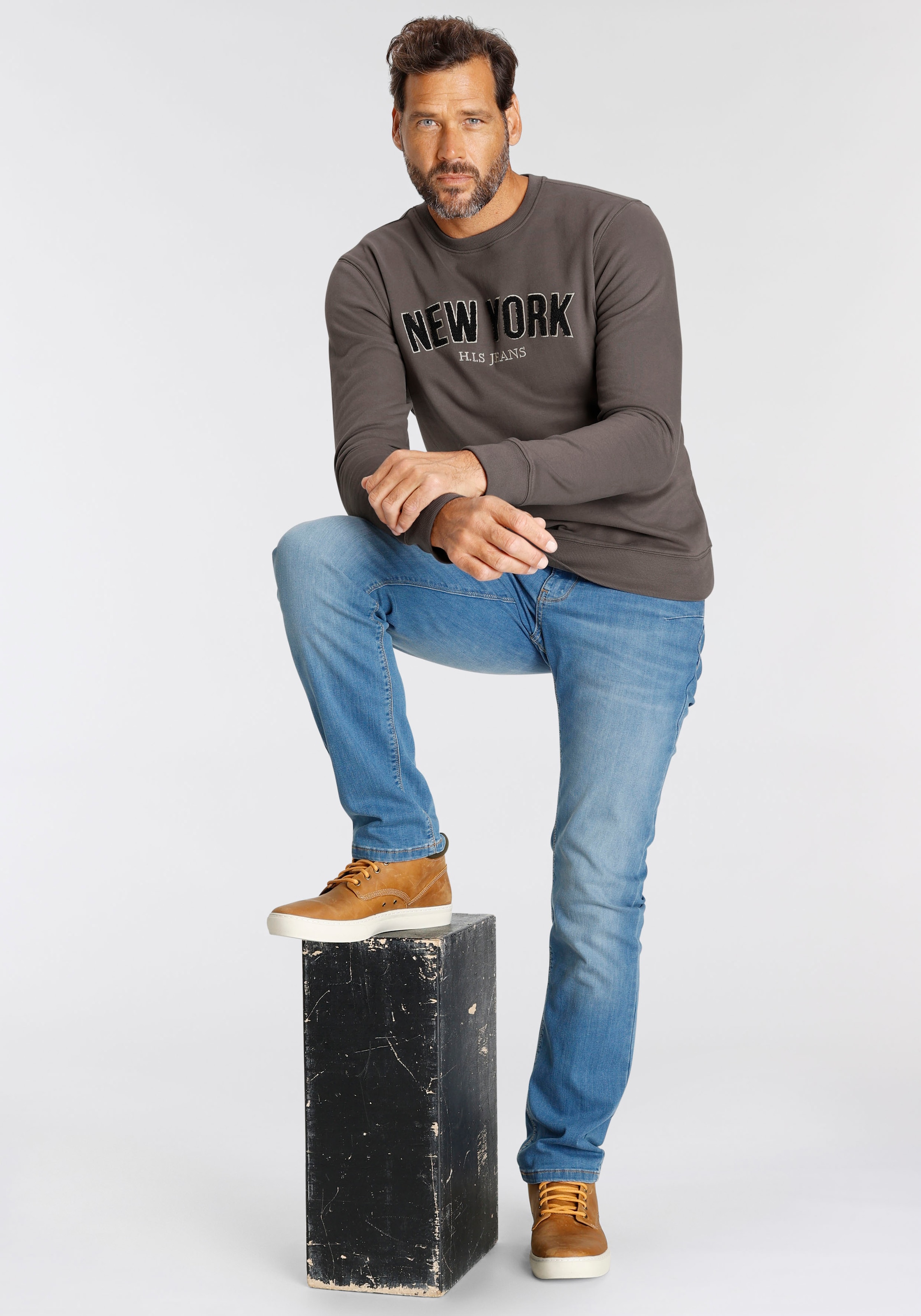 H.I.S Sweater, Langarm, lockere Passform, bestickte Optik, Rundhalsausschnitt