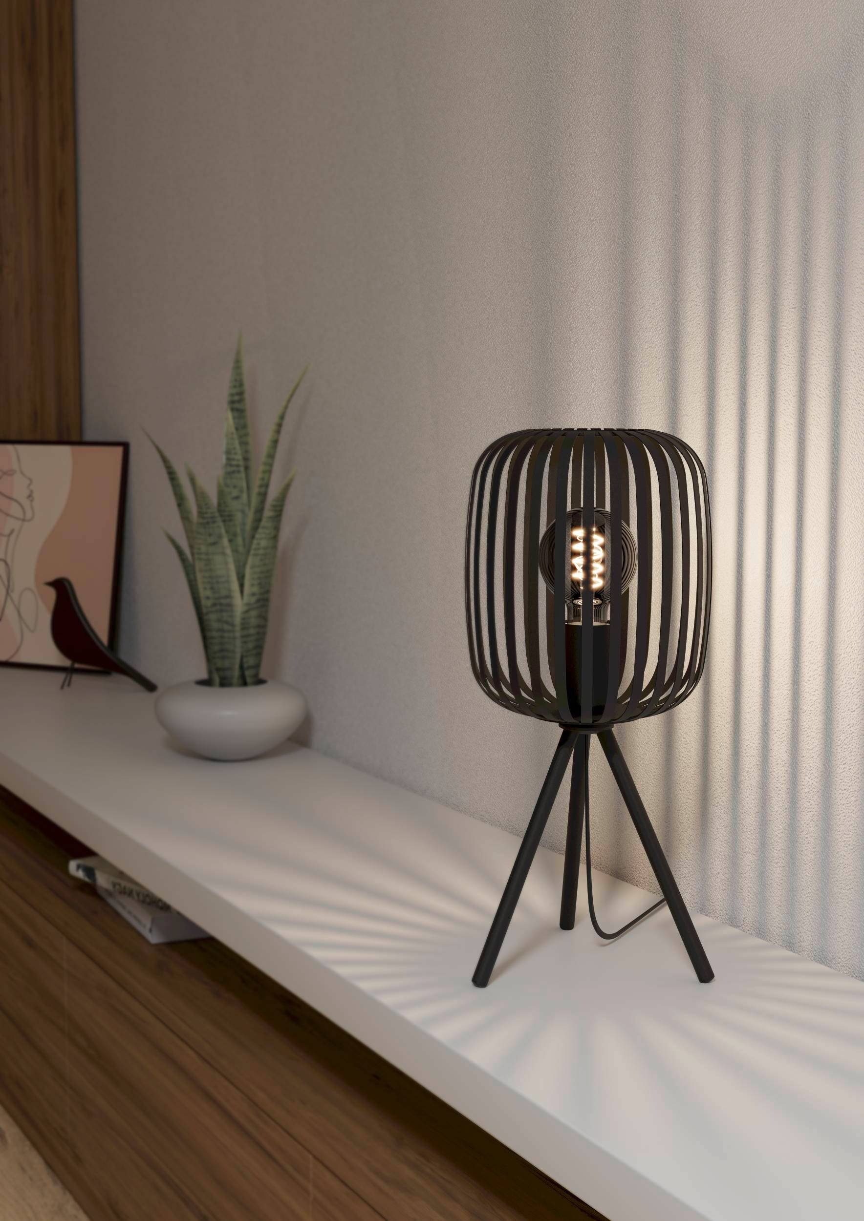 EGLO Tischleuchte »Tischleuchte ROMAZZINA, exkl. E27, Stahl in schwarz, Tischlampe«, 1 flammig, Leuchtmittel E27 | ohne Leuchtmittel, Stativ Nachtischlampe, 20x 20x43,5cm, Dreibein, Deko Schlafzimmer
