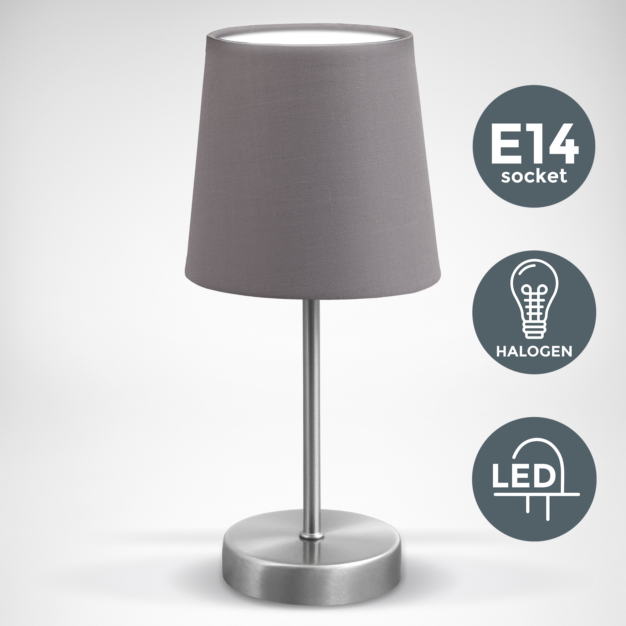B.K.Licht Tischleuchte, 1 flammig, Leuchtmittel E14 | ohne Leuchtmittel, Tischlampe, Stoff, Nachttisch-Leuchte, Wohnzimmerlampe, E14, grau