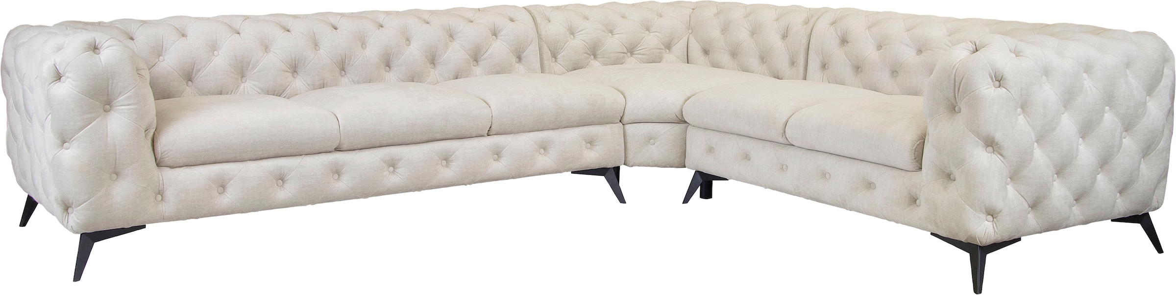Leonique Chesterfield-Sofa »Ecksofa GLYNIS L-Form mit Wellenunterfederung, Maße B/T/H 323/264/75cm«, aufwändige Knopfheftung, moderne Chesterfield Optik, Fußfarbe wählbar