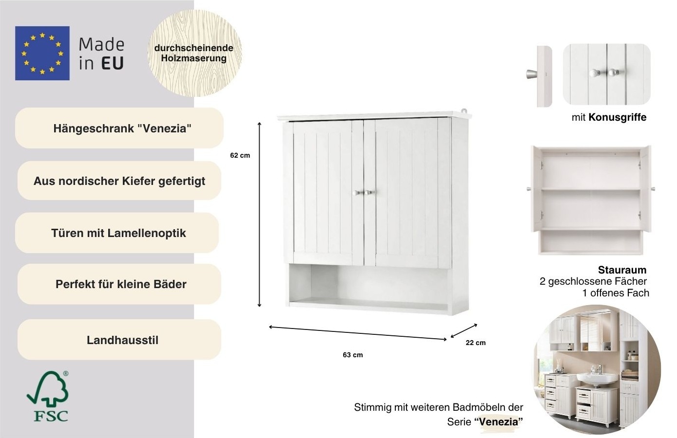 welltime Hängeschrank »Venezia« Badmöbel, aus massiver Kiefer, 2 Türen, Breite 63 cm