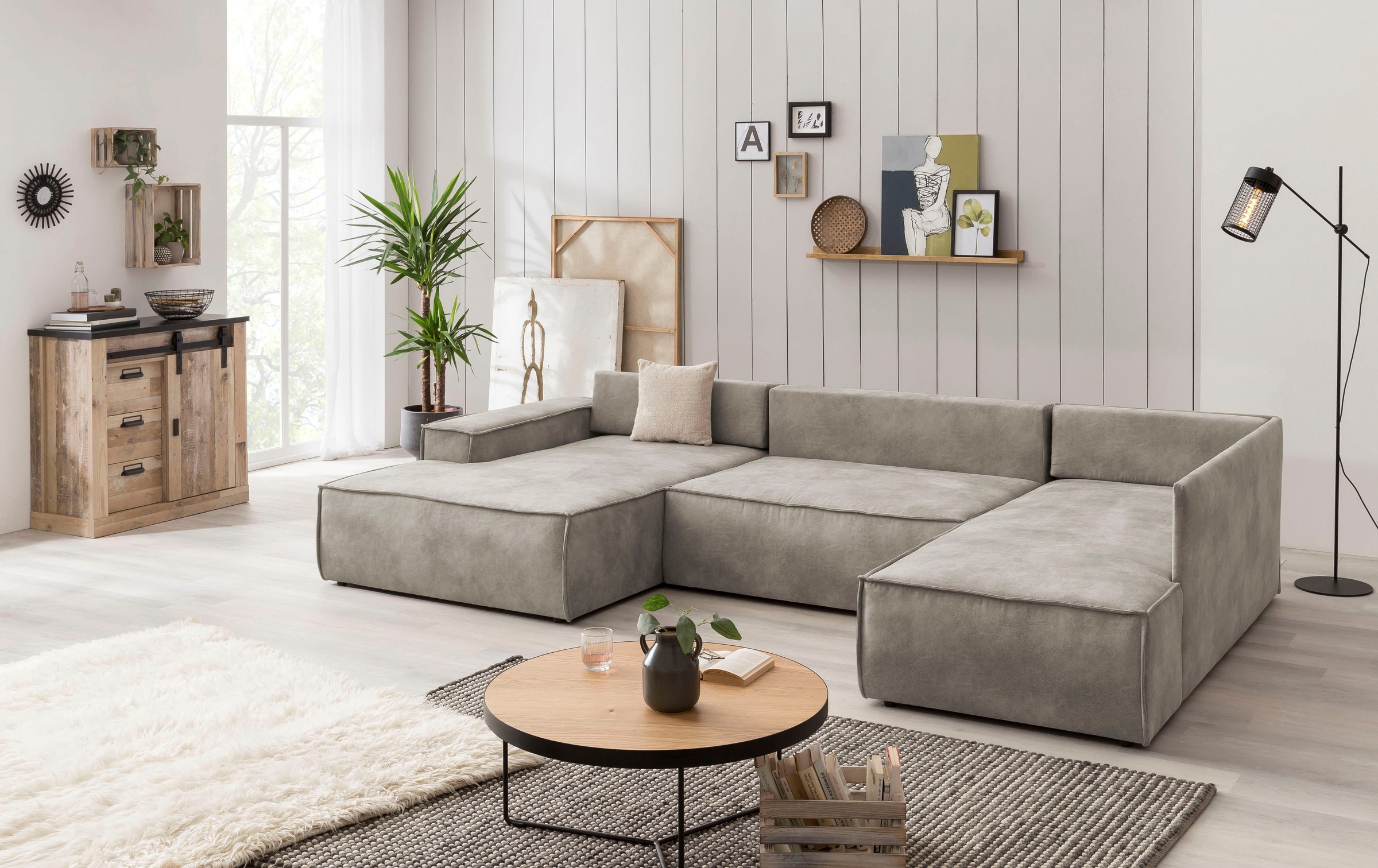 Home affaire Wohnlandschaft »SHERWOOD 329 cm, U-Form, Schlafsofa,«, Schlaffunktion m. Bettkasten (194x139 cm), Cord, Vintage, Samtvelours