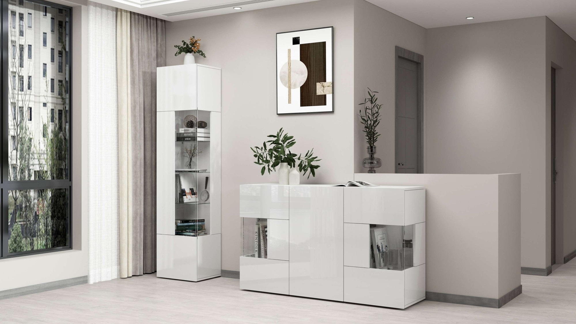 INOSIGN Sideboard »Egypt, Kommode, Schrank, Kredenz, Vitrine grifflos«, 3 Türen davon 2 mit Glaseinsatz, kompl. Hochglanz lackiert Breite 135