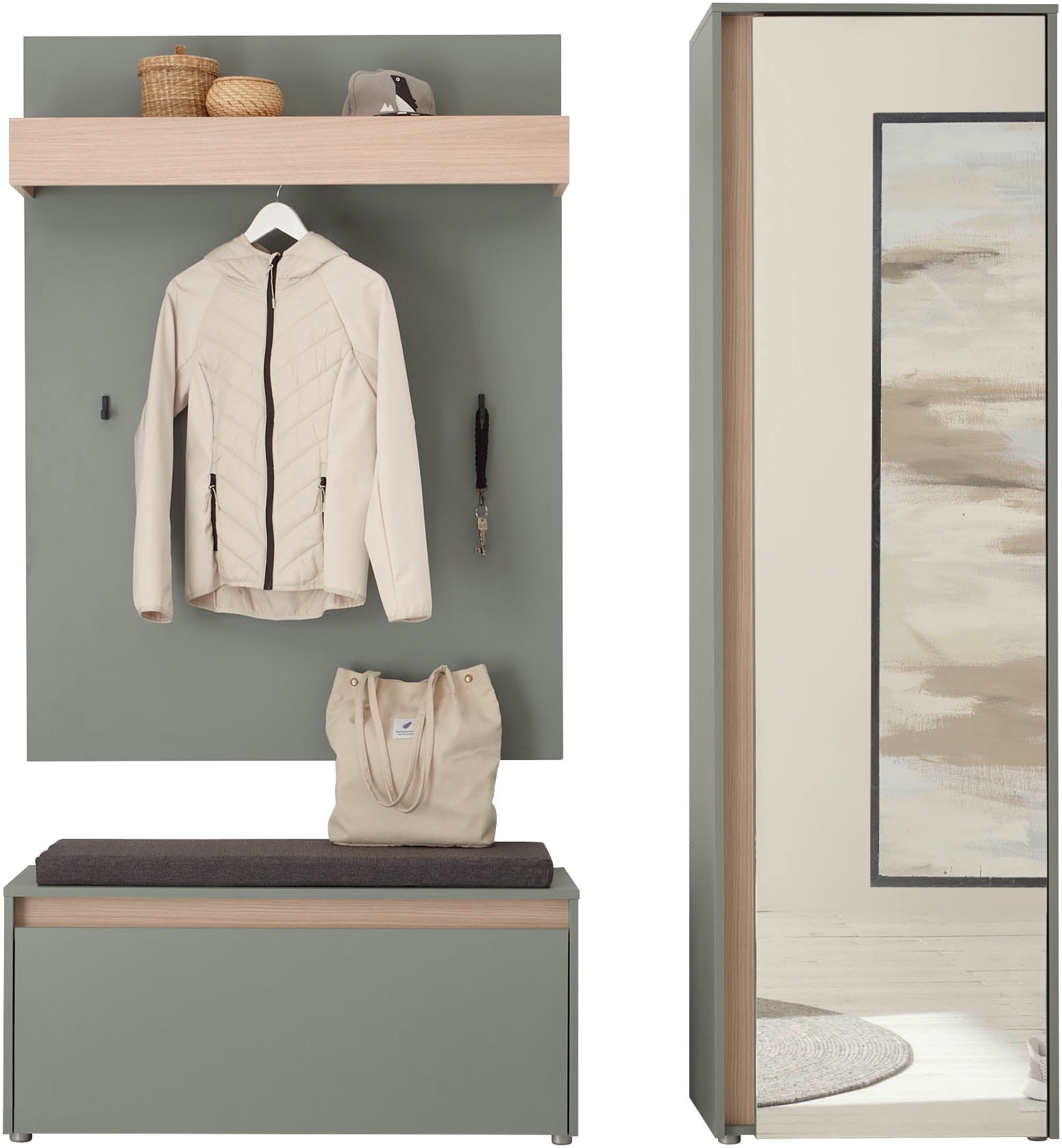 INOSIGN Garderoben-Set »GIRON/CiTY, moderne Garderobe, Komplettset mit viel Stauraum«, (Komplett-Set, 3 St.), enthält Garderobenschrank, Paneel, Schuhbank inkl. Sitzkissen