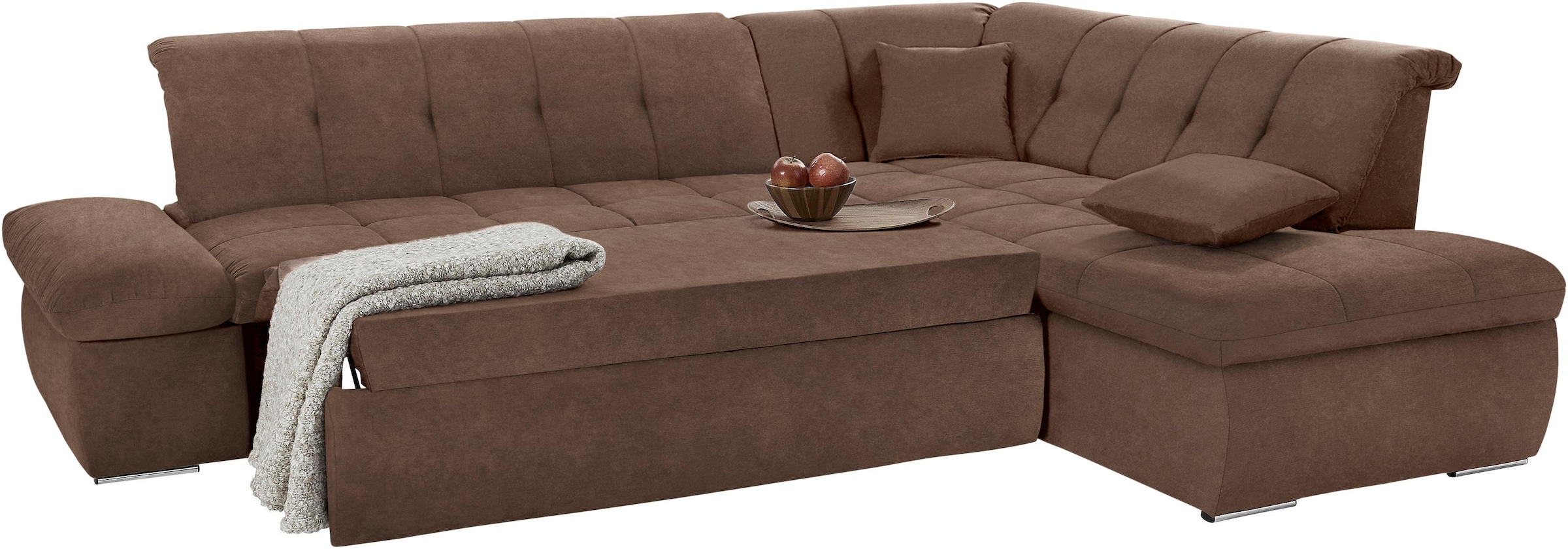 DOMO collection Ecksofa »NMoric incl. Zierkissen B/T/H: 273/216/80 cm L-Form«, Ottomanen-Abschluss, wahlweise mit Bettfunktion und Armlehnverstellung