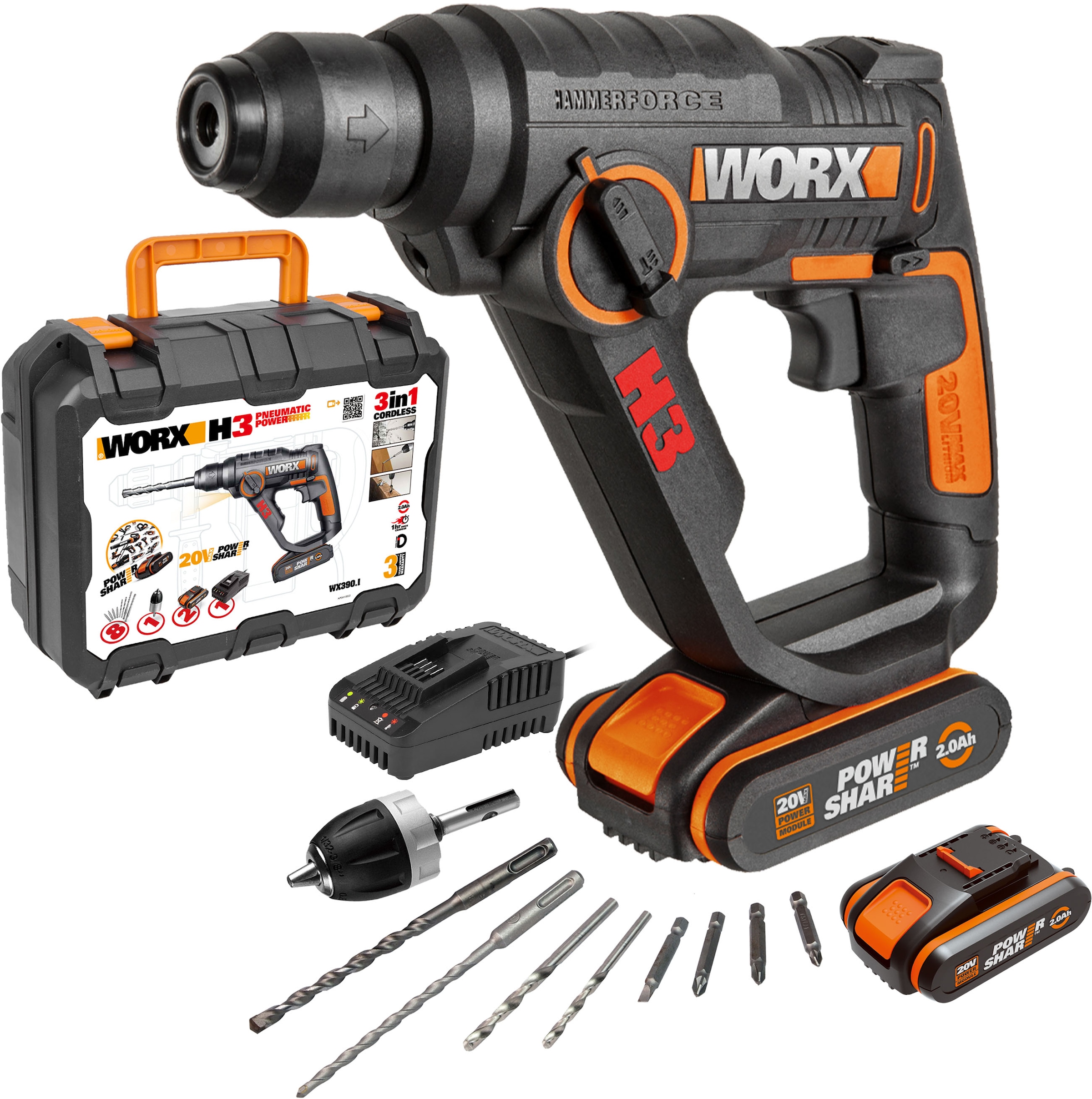 Worx Akku-Bohrhammer »WX390.1«, (Set), 3-In-1, pneumatisches Hammerwerk, inkl. 2 Akkus & Ladegerät