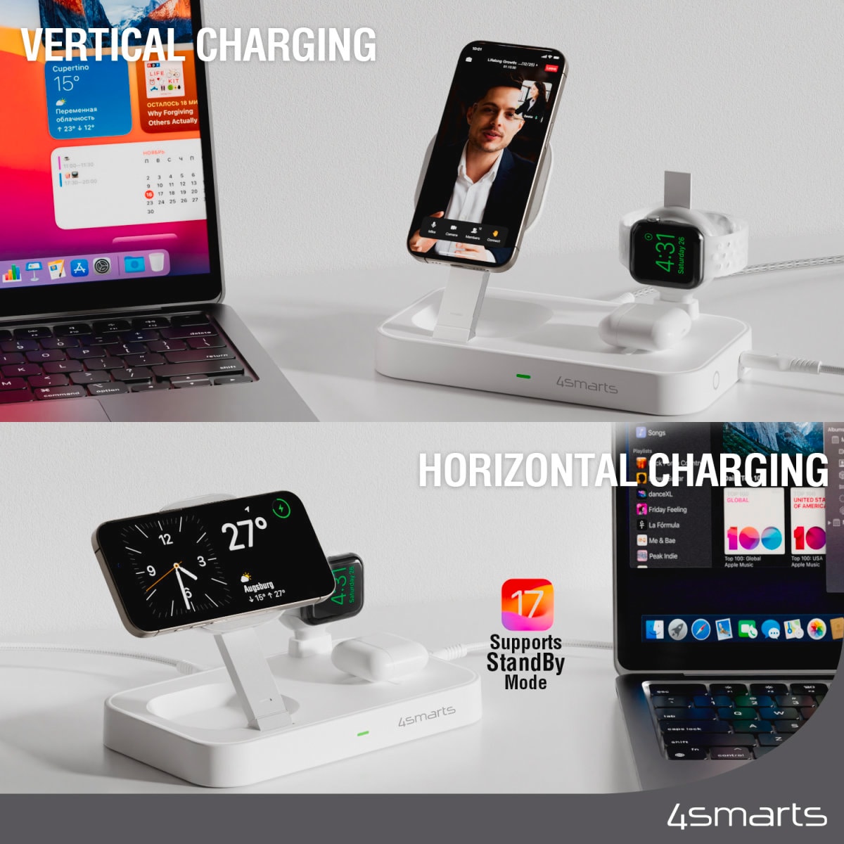 4smarts Wireless Charger »Qi2 Ladestation Trident mit MFi Fast Charger«, für Apple iPhone, Watch 1/2/3/4/5/6/7/8/9/SE, Ultra, Ultra 2 und iPods