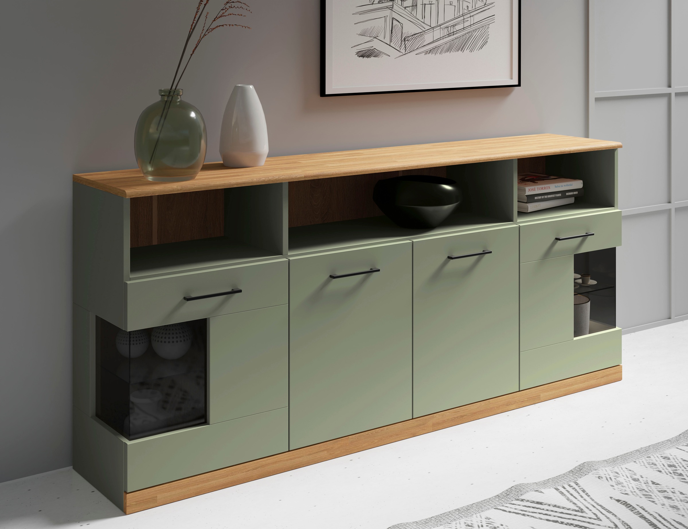 Home affaire Sideboard »Ribe,180cm breit,80cm hoch, 9 Fächer«, Oberplatte E günstig online kaufen