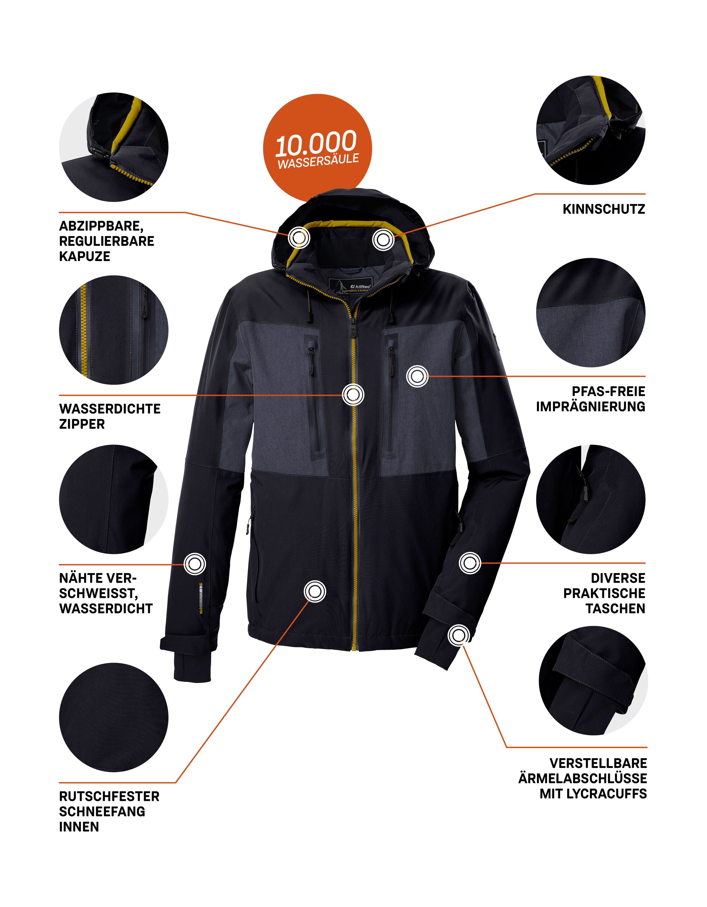 Killtec Skijacke »KSW 47 MN SKI JCKT«, Herren Skijacke: wasserdicht, atmungsaktiv, abnehmbare Kapuze