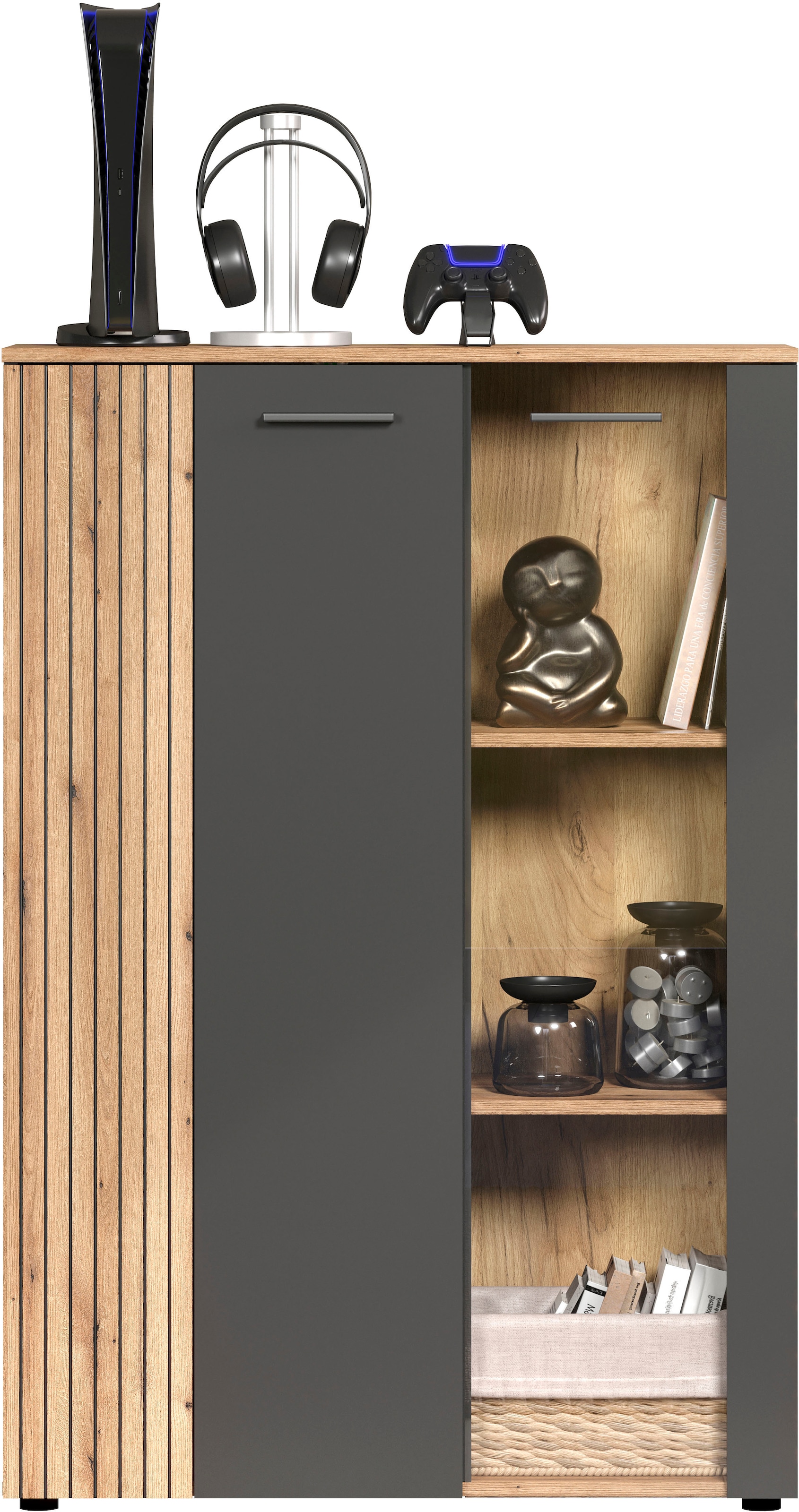 INOSIGN Highboard »Estepona«, (1 St.), Vitrine, Tür mit Rillen-Optik, Breite 91 cm