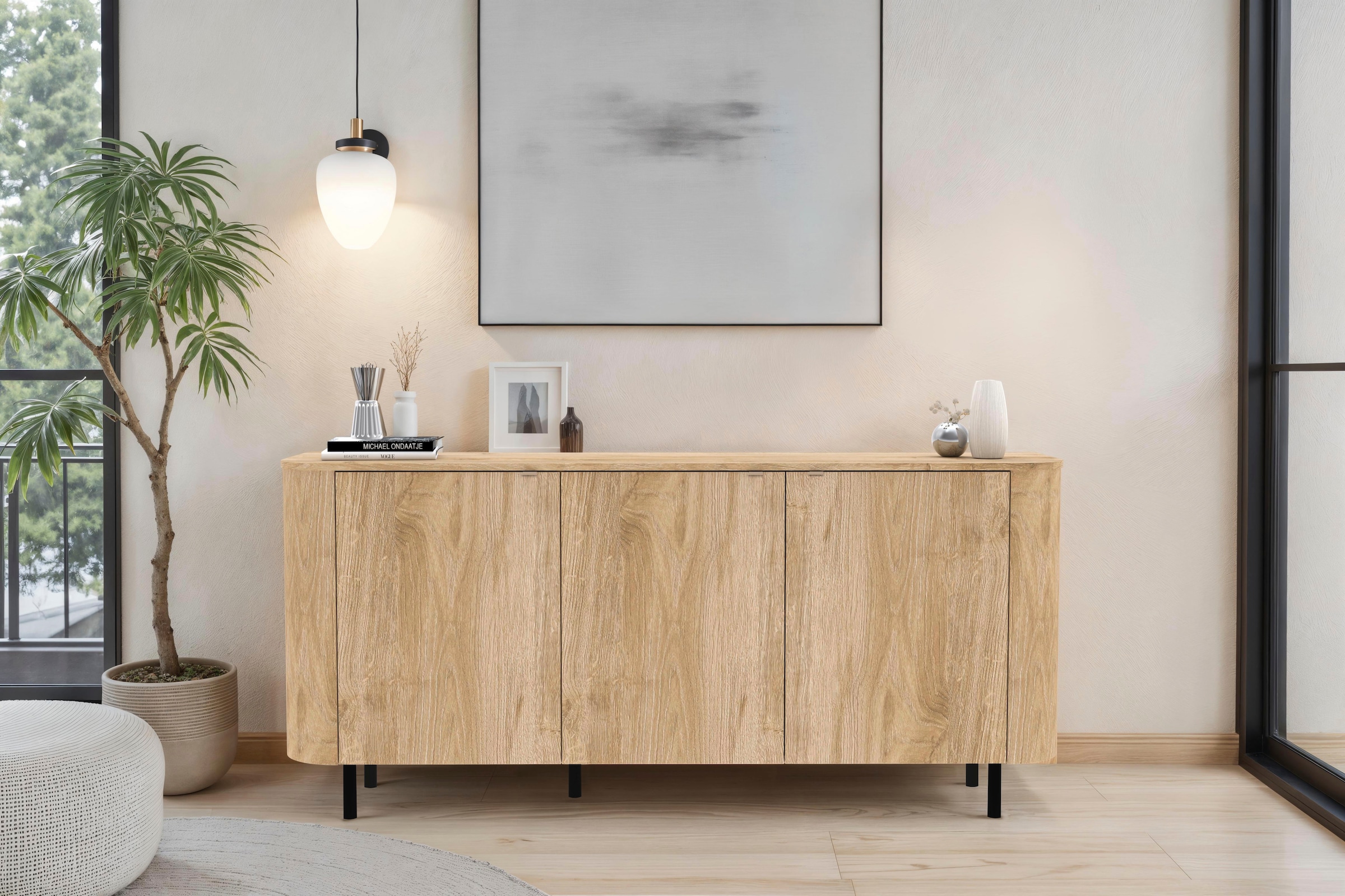 Home affaire Sideboard »Murano, 181 cm breit, 3 Türen, Anrichte, Kommode, Stauraumschrank« Formgebogenes MDF, Stirnseiten mit Rundung, Füße und Griffe aus Metall