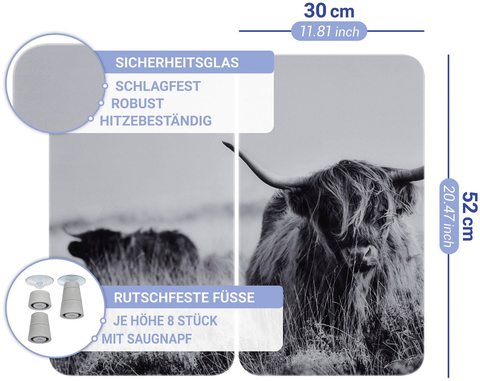 WENKO Herd-Abdeckplatte »Universal Modell Highland Cattle«, (Set, 2 tlg.), Herdabdeckung für alle Herdarten, kratzfest, mit rutschfesten Füßen