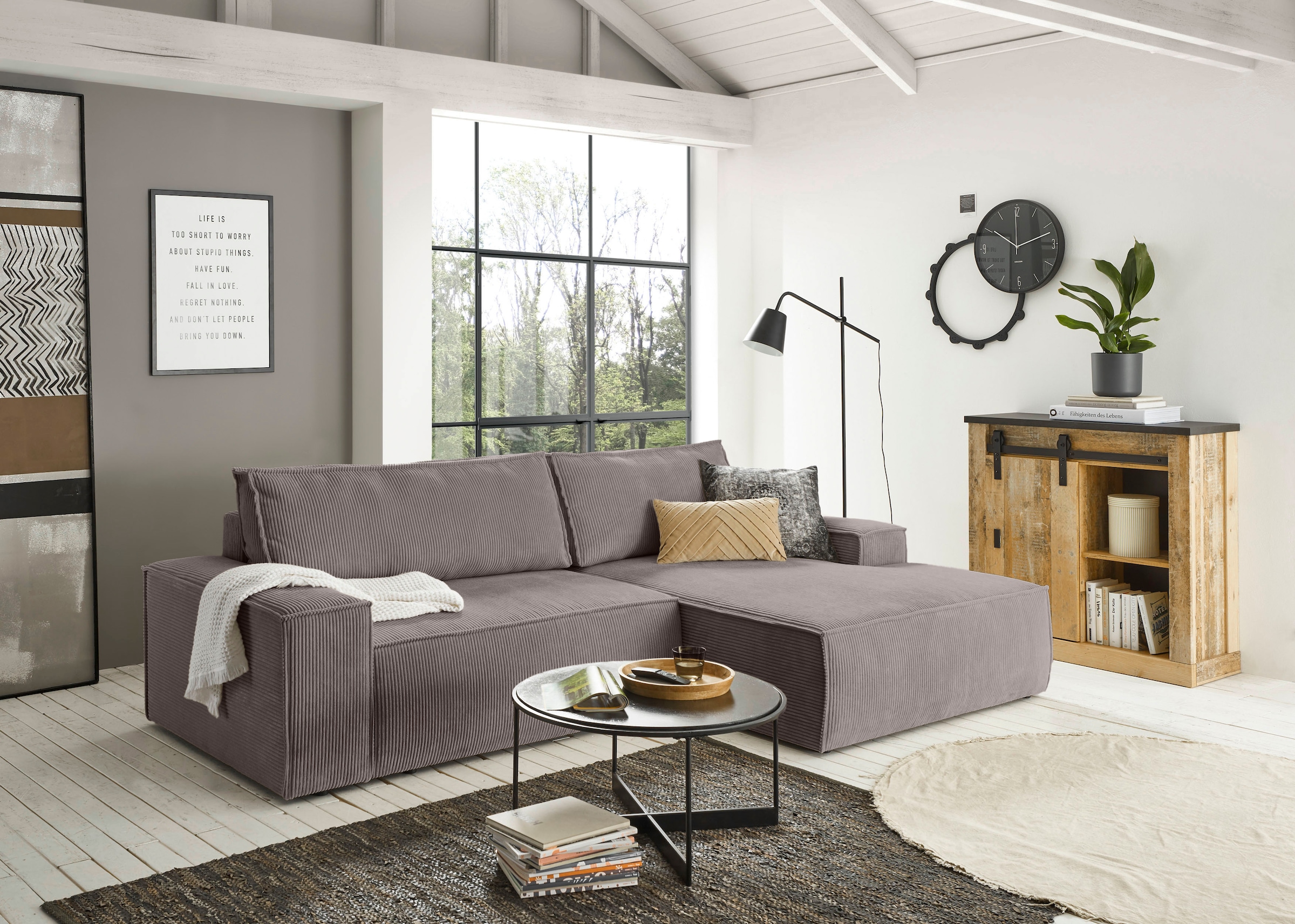 Home affaire Ecksofa »SHERWOOD Schlafsofa 267 cm, L-Form,«, Schlaffunktion mit Bettkasten (210x136 cm), Cord, Vintage, Samtvelours