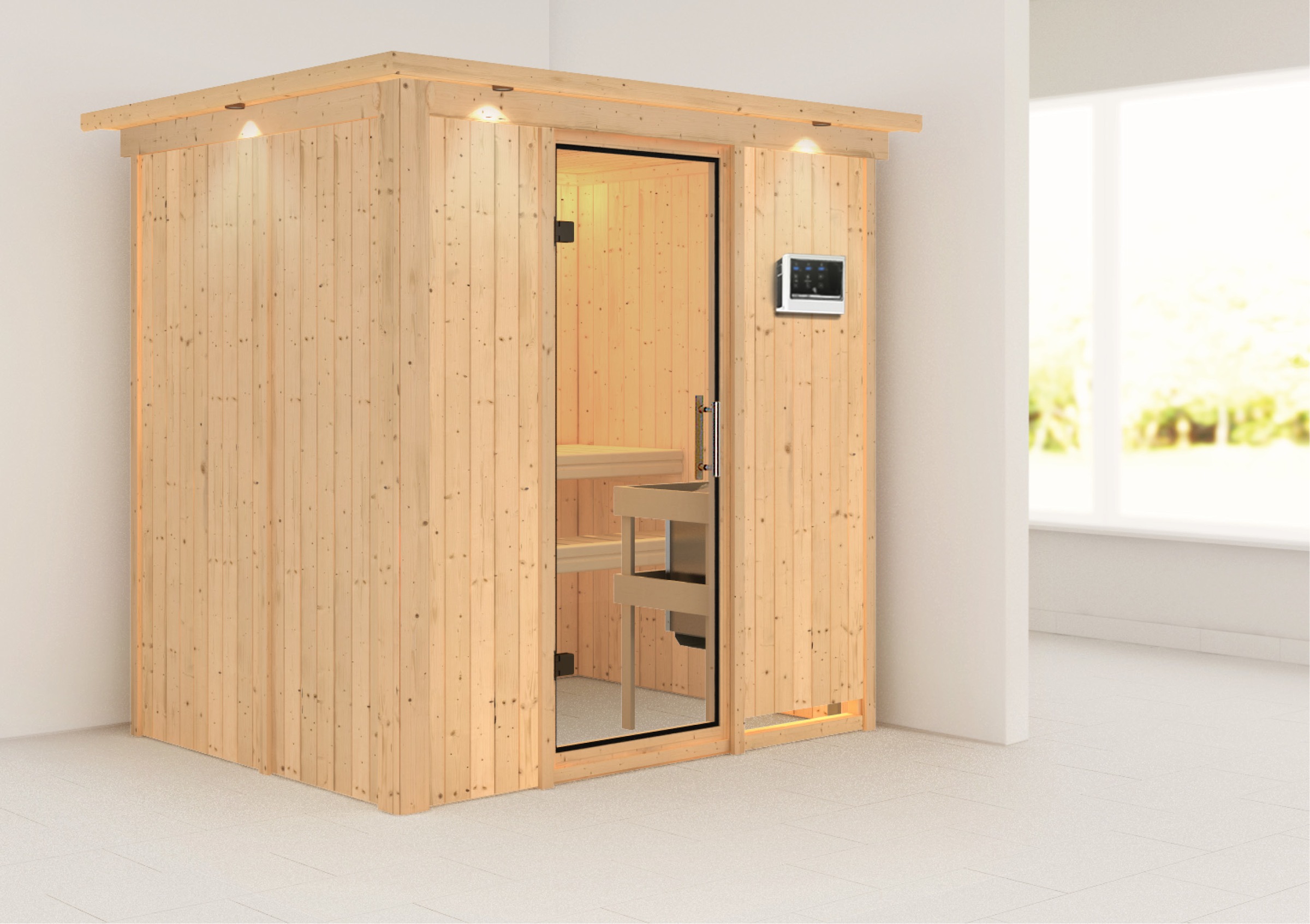 Karibu Sauna »Finja«, 3,6-kW-Plug & Play Ofen mit externer Steuerung