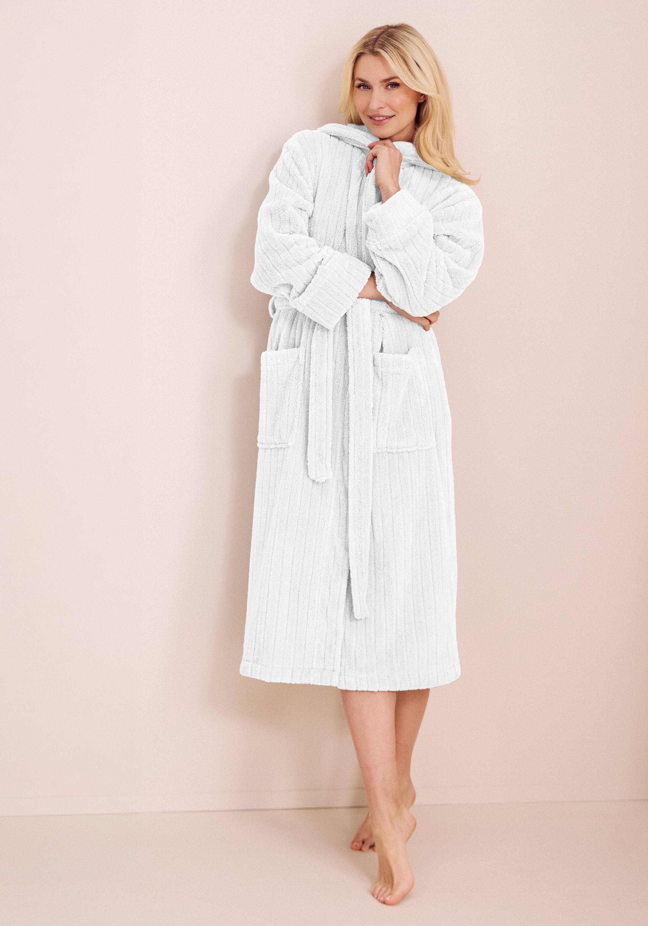 LeGer Home by Lena Gercke Unisex-Bademantel »Lovina gestreift, ideal für Sauna & Spa, Hotelbademantel, Morgenmantel« 1 Stk. Hoch-Tief, kuschelig weicher Fleece, plüsch, Damen und Herren, XS-3XL