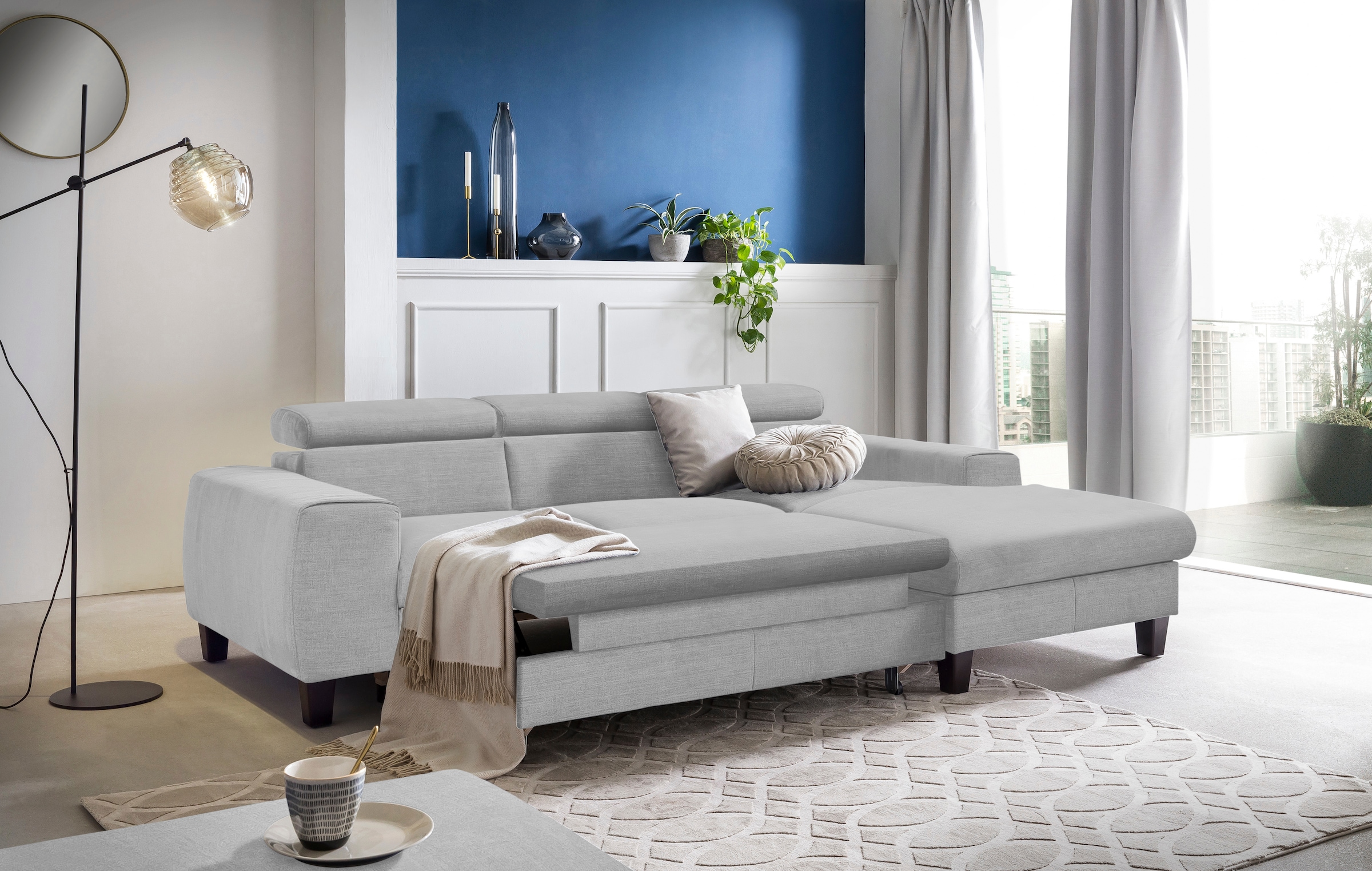 COTTA Ecksofa »Morven L-Form mit Kopfteilverstellung«, wahlweise mit Bettfunktion, Bettkasten & Wireless-Charger