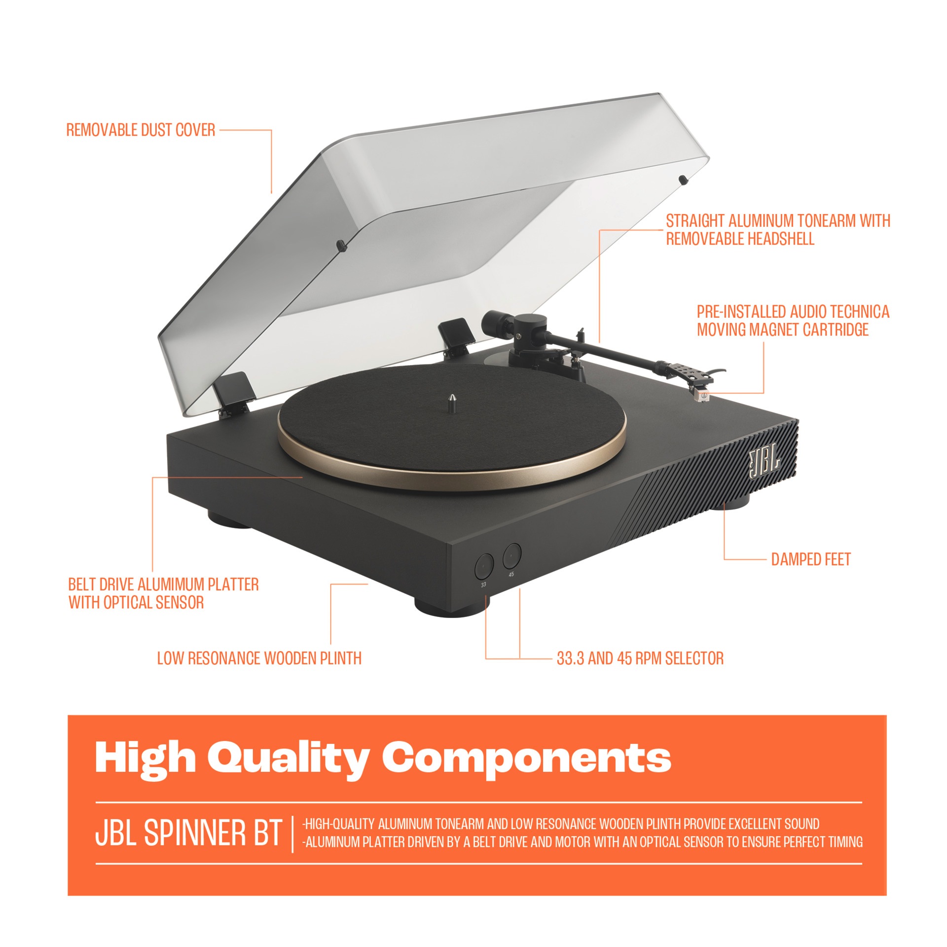 JBL Plattenspieler »Spinner Bluetooth Turntable«, Bluetooth 5.2 mit aptX HD