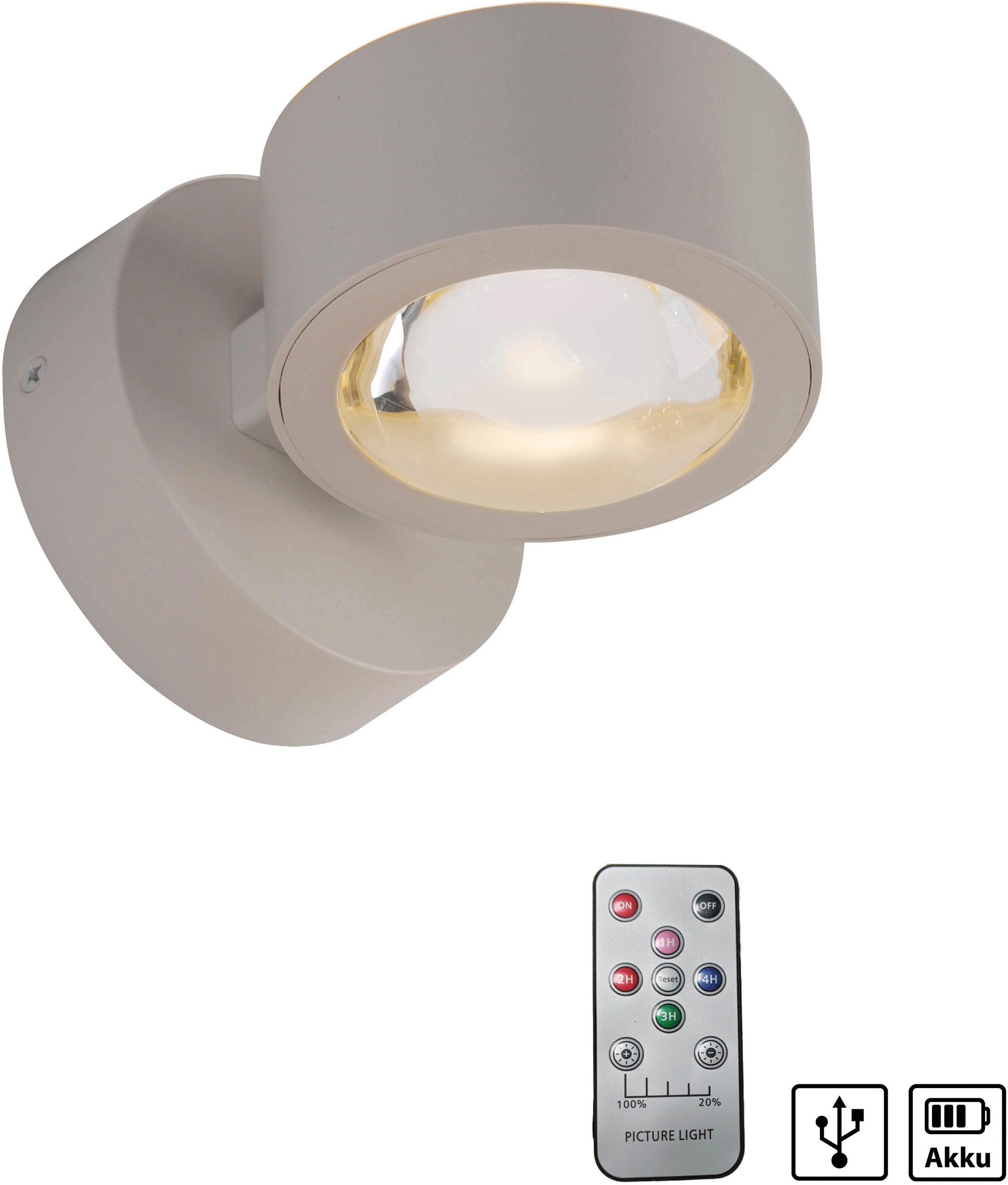 JUST LIGHT LED Wandleuchte »AKKU-CHIA« LED-Board 1 Stk. Warmweiß Akkubetrieben inkl. USB-Ladekabel, 5 Stufen Dimmung + Timerfunktion