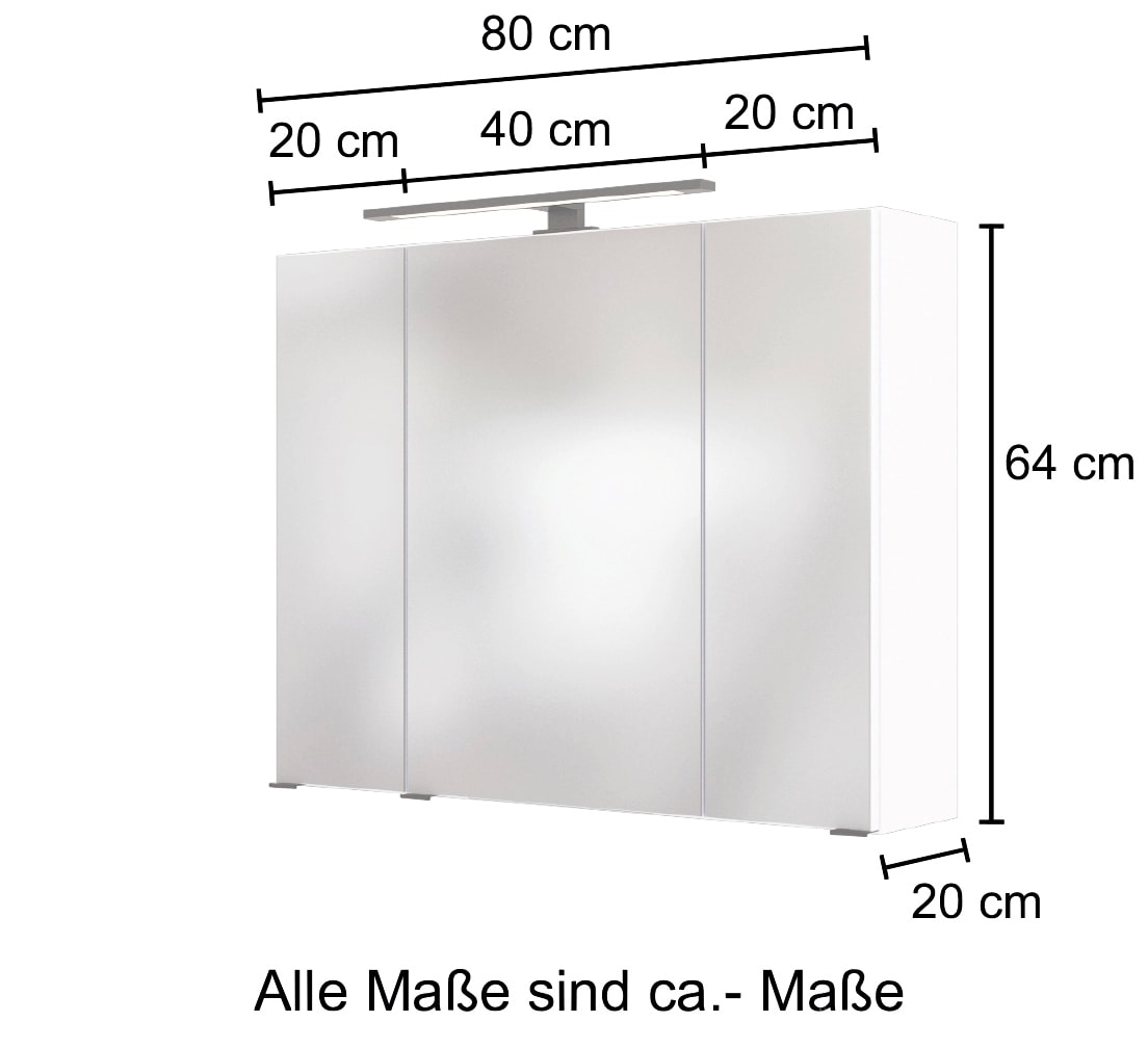 welltime Spiegelschrank »Luena«, Breite 80 cm, mit 3D-Effekt, dank drei Spiegeltüren