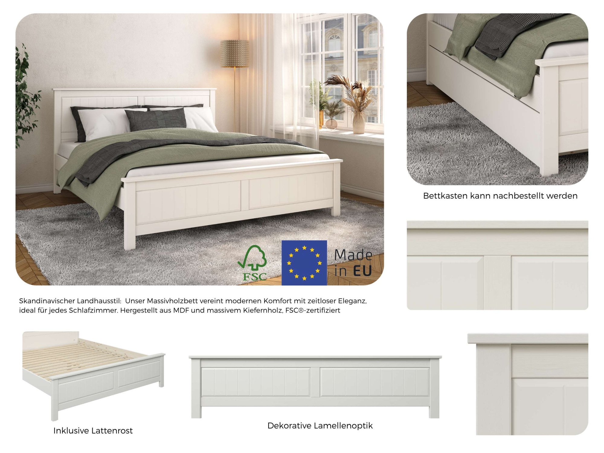 OTTO home Massivholzbett »Northwood, Landhausstil, mit Lamellen und Kassetten, Made in EU« Liegefläche 180x200cm,  inklusive Lattenrost, stilvolles Design, Schubkasten optional (748832)