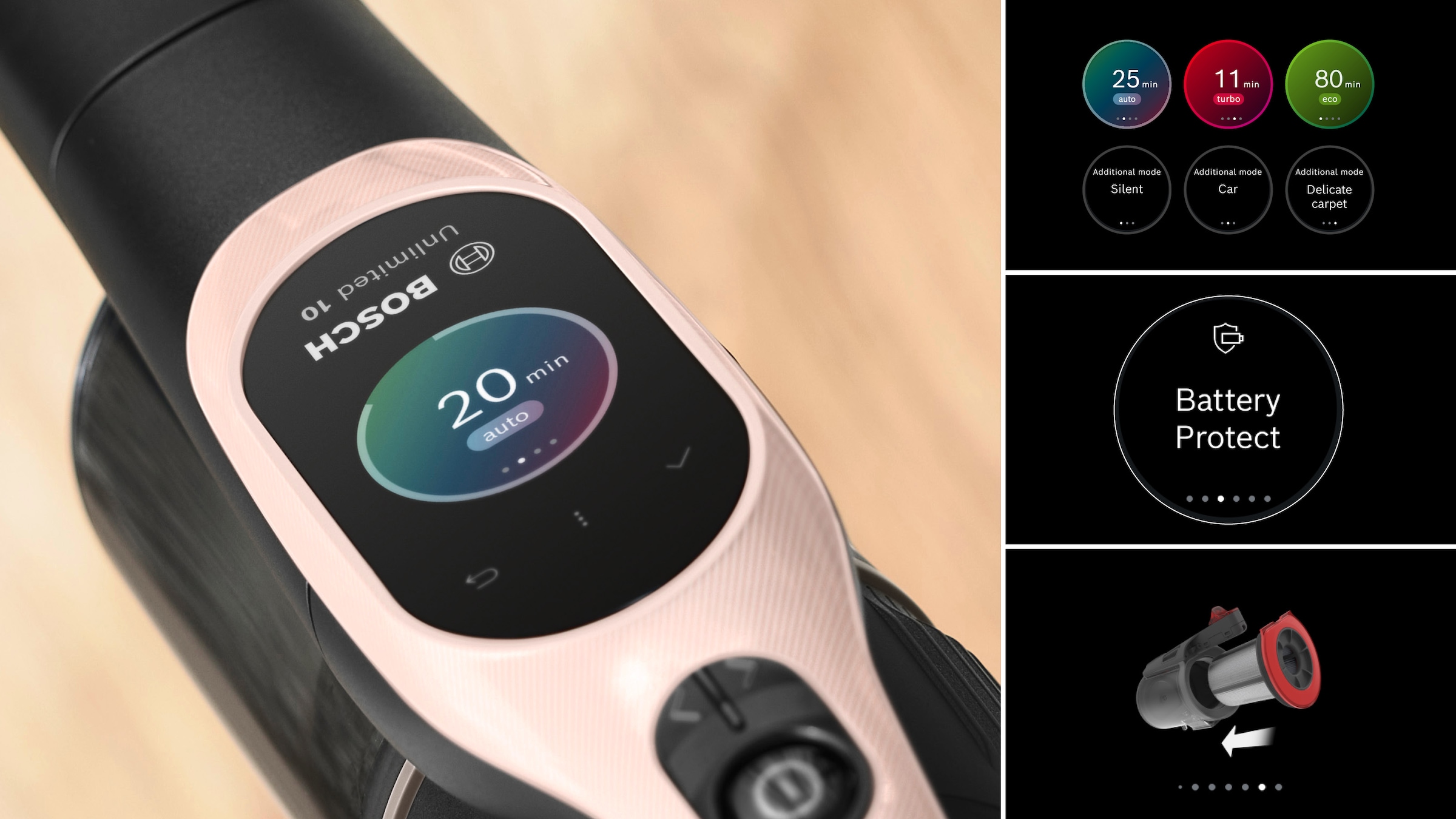 BOSCH Akku-Stielstaubsauger »Unlimited 10 BKS1041RHF, MicroClean™ Technology, Display, Knickrohr«, HEPA-Filtersystem, 10 Jahre Motorgarantie, LED-Licht, powder rose