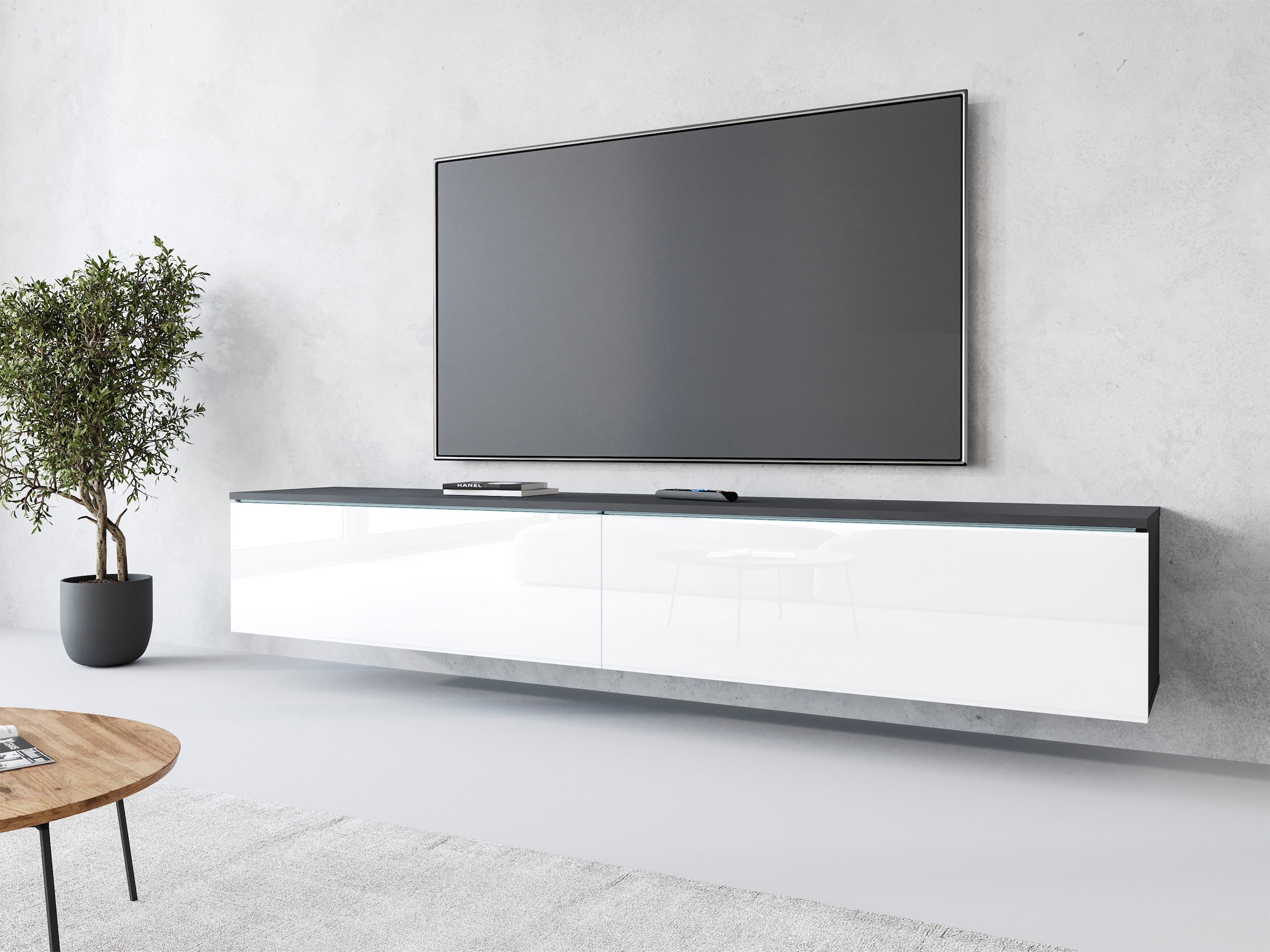 INOSIGN Lowboard »LOWBOARD VERA, wahlweise mit oder ohne Beleuchtung«, Modernes griffloses TV-Board, 180 cm TV-Schrank, stehend und hängend