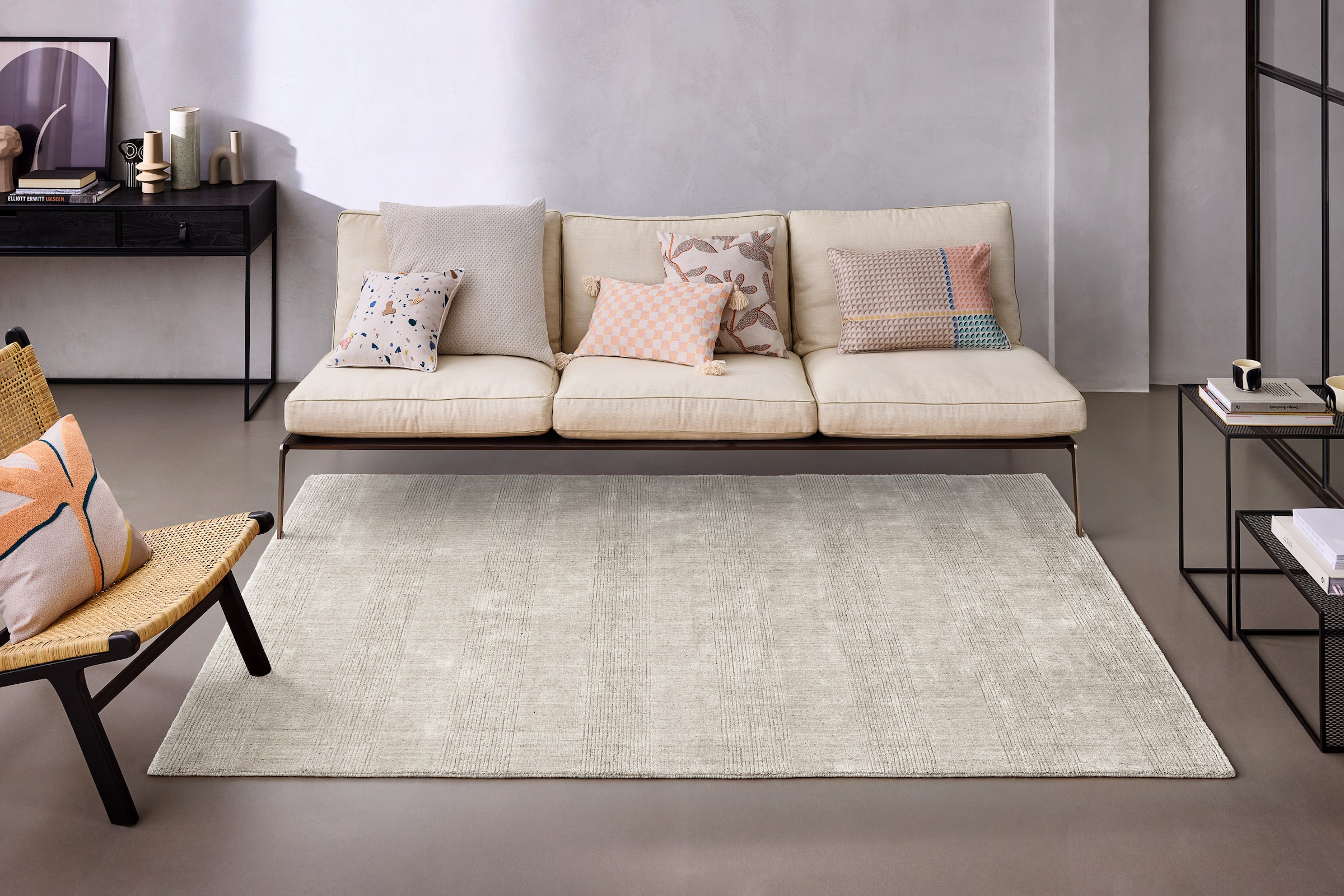 Wecon home Teppich »Seattle« rechteckig 11 mm Höhe Kurzflorteppich, handgewebt, TENCEL & Schurwolle, Streifen, Wohnzimmer