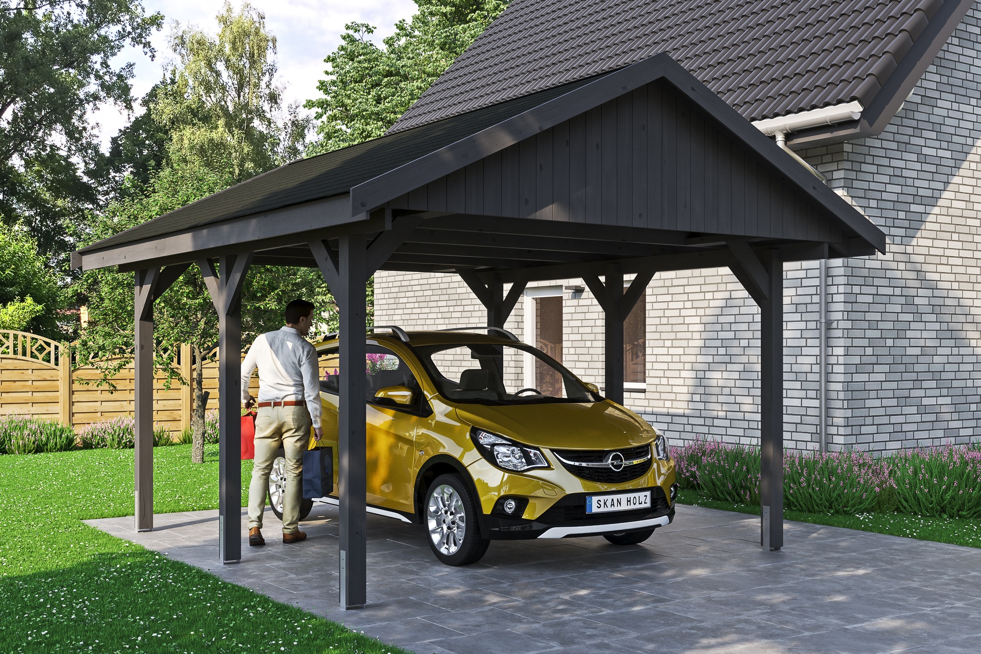 Skanholz Einzelcarport »Wallgau«, Nadelholz, 340 cm, Schiefergrau, mit schwarzen Dachschindeln