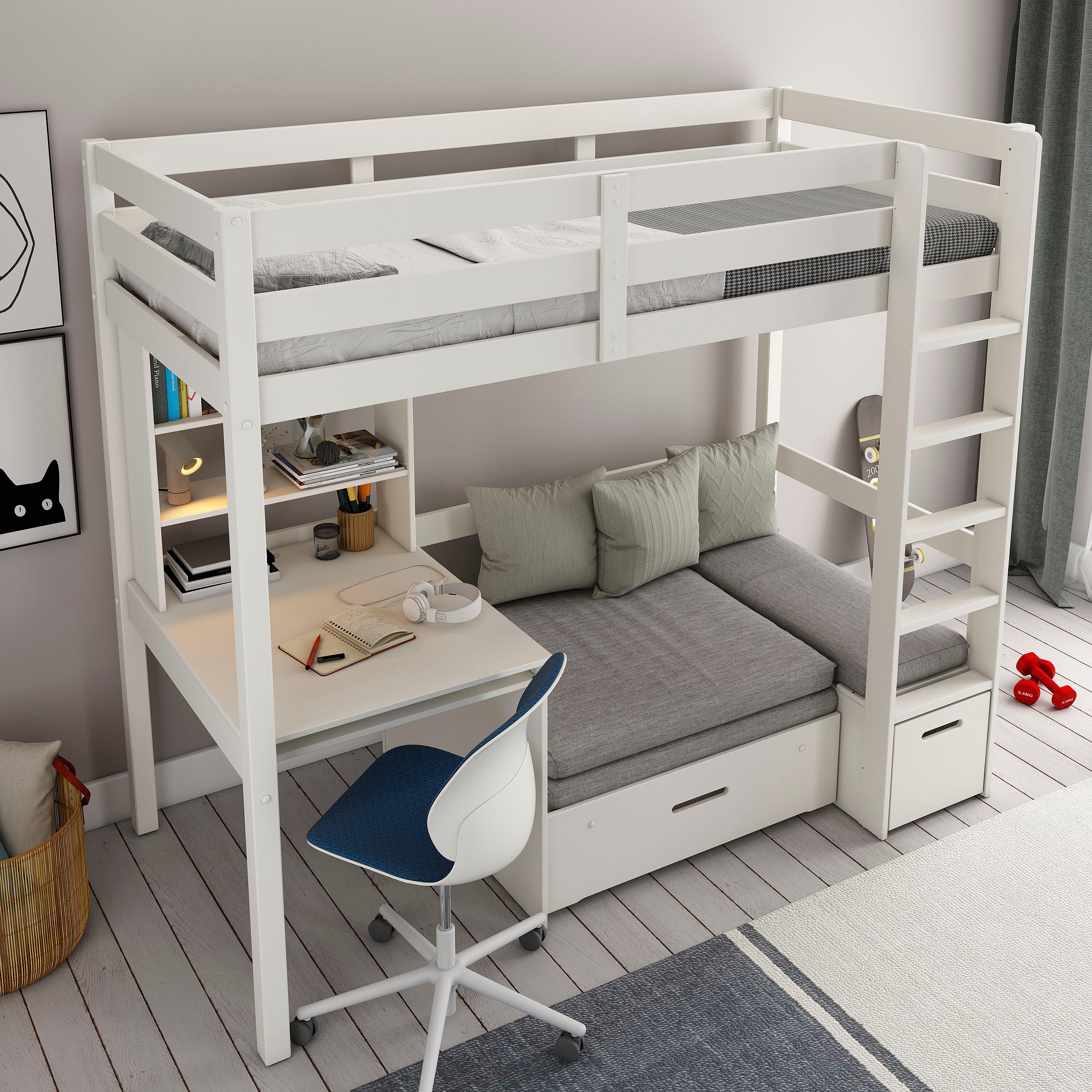 Lüttenhütt Etagenbett »Stockbett, Doppelstockbett "HENNE " zertifiziertes Massivholz«, mit Schreibtisch, Regale, ausziehbarem Sessel,OHNE MATRATZEN/AUFLAGEN!