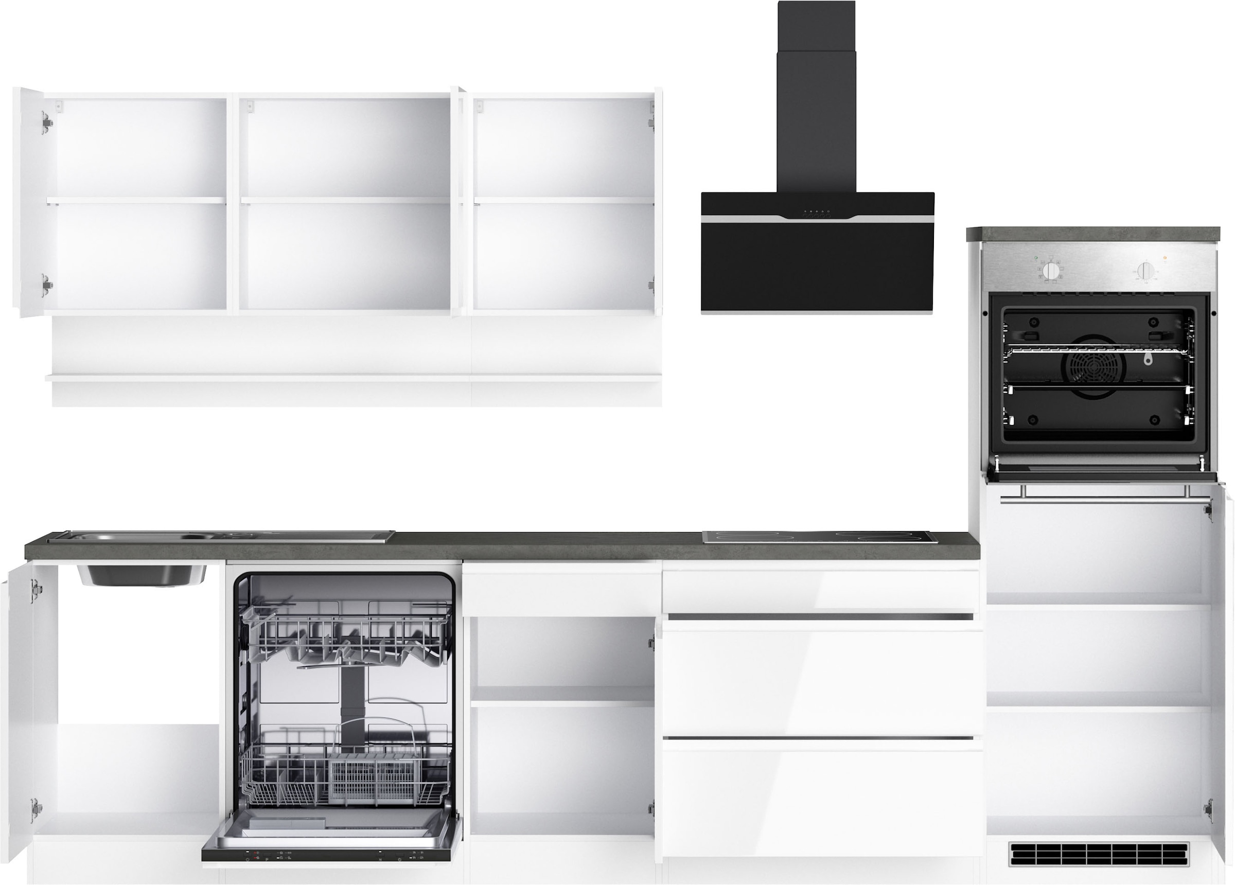 KOCHSTATION Küchenzeile »KS-Virginia,neu in verbesserter Ausführung« Arbeitsplatte 38 mm stark, Stauraum, Softclose,  Breite 300 cm, Soft-Close, wahlweise mit E-Geräten
