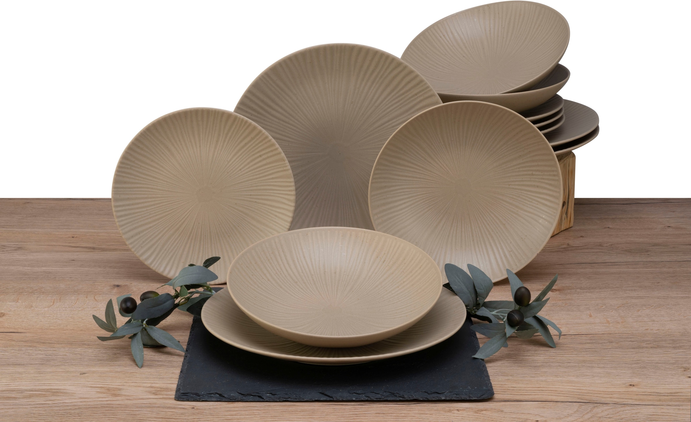 CreaTable Teller-Set »Vesuvio Sand«, (Set, 12 tlg.), seidenmatte Glasur, ausdrucksstarkes Relief