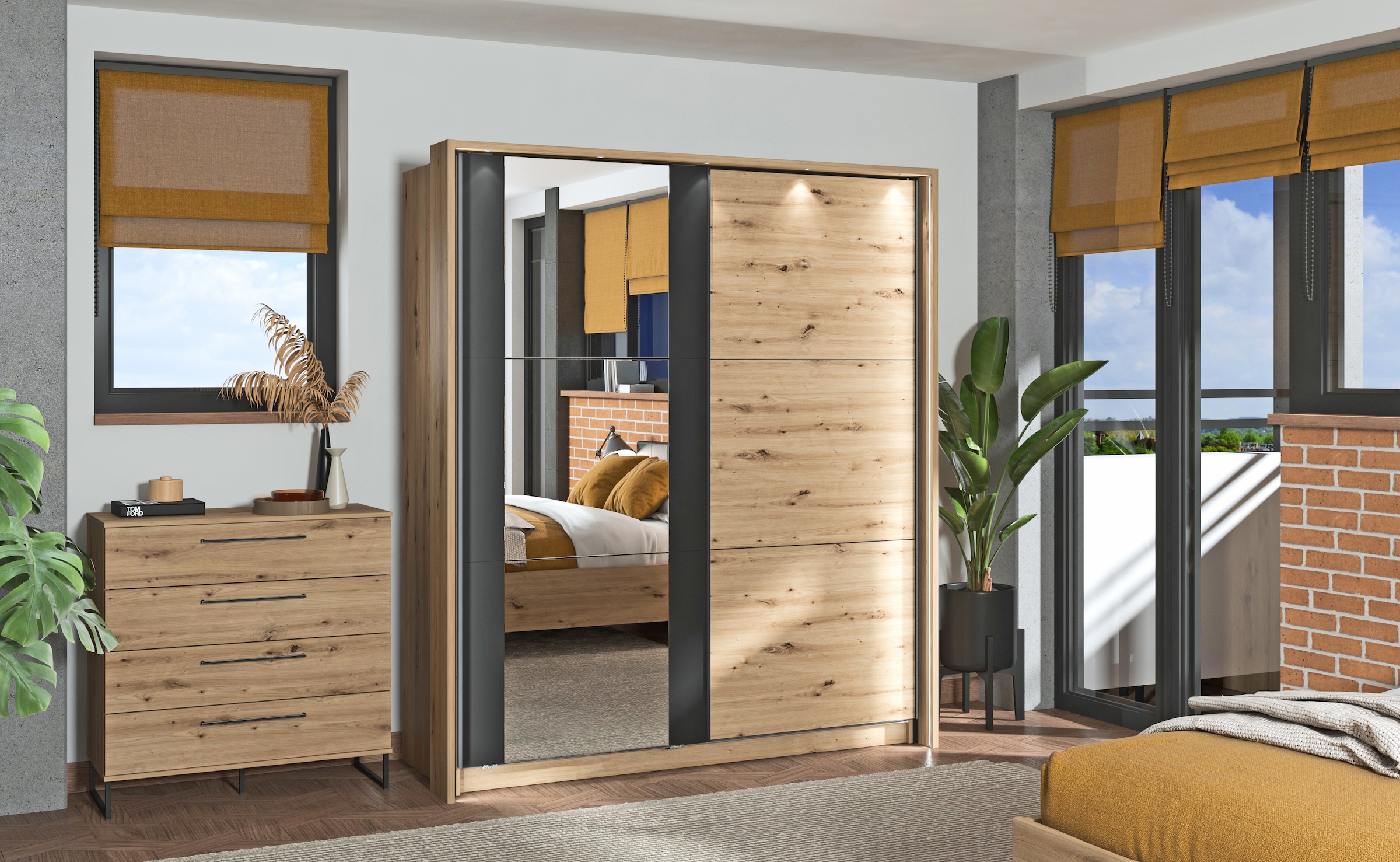 INOSIGN Schwebetürenschrank »Sardinia, Kleiderschrank mit Spiegel, Made in Europe«, viel Stauraum durch großzügige Innenausstattung, 170 oder 262cm breit
