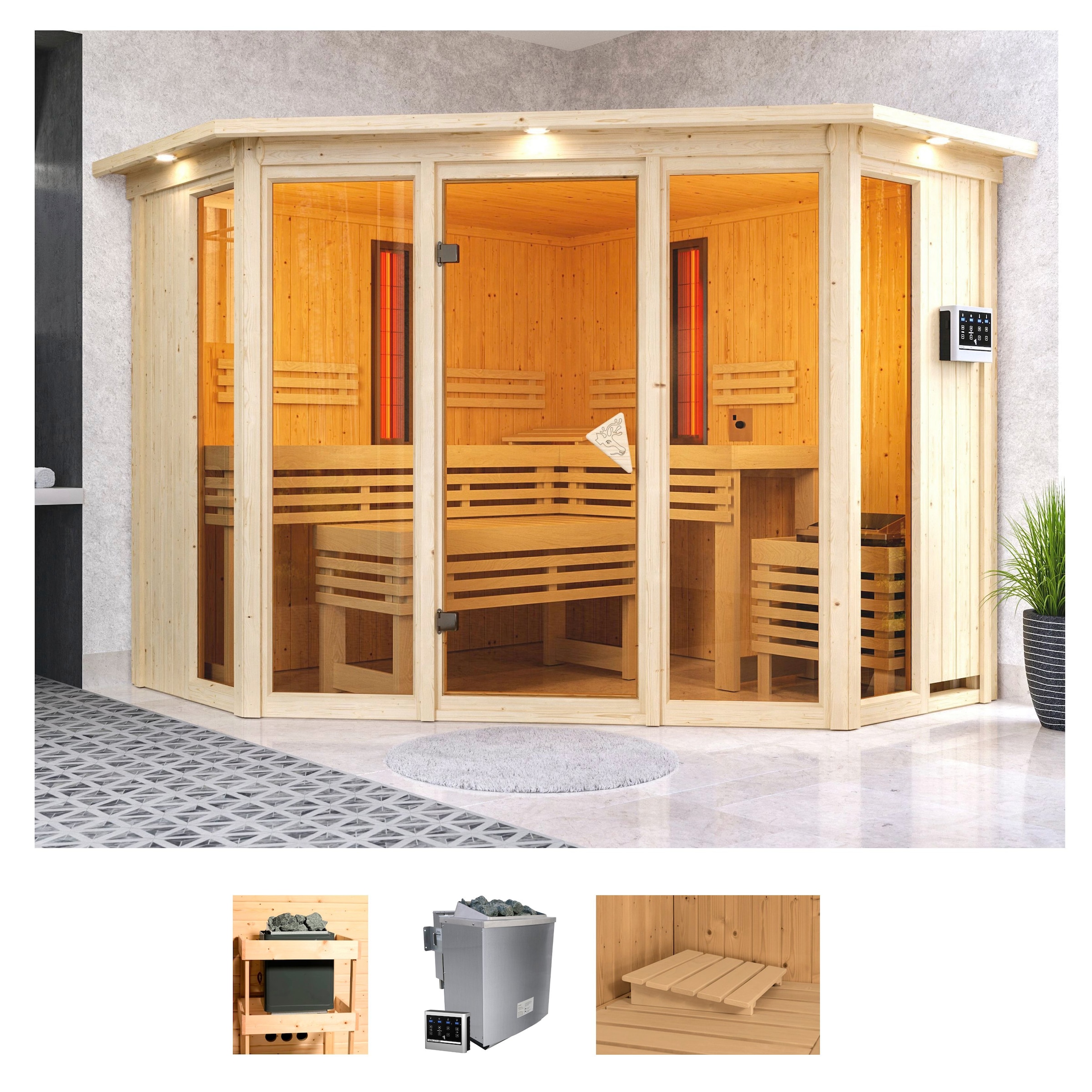 KARIBU Sauna »Adele« Set, Ofen 9 kW Bio externe Strg easy naturbelassen