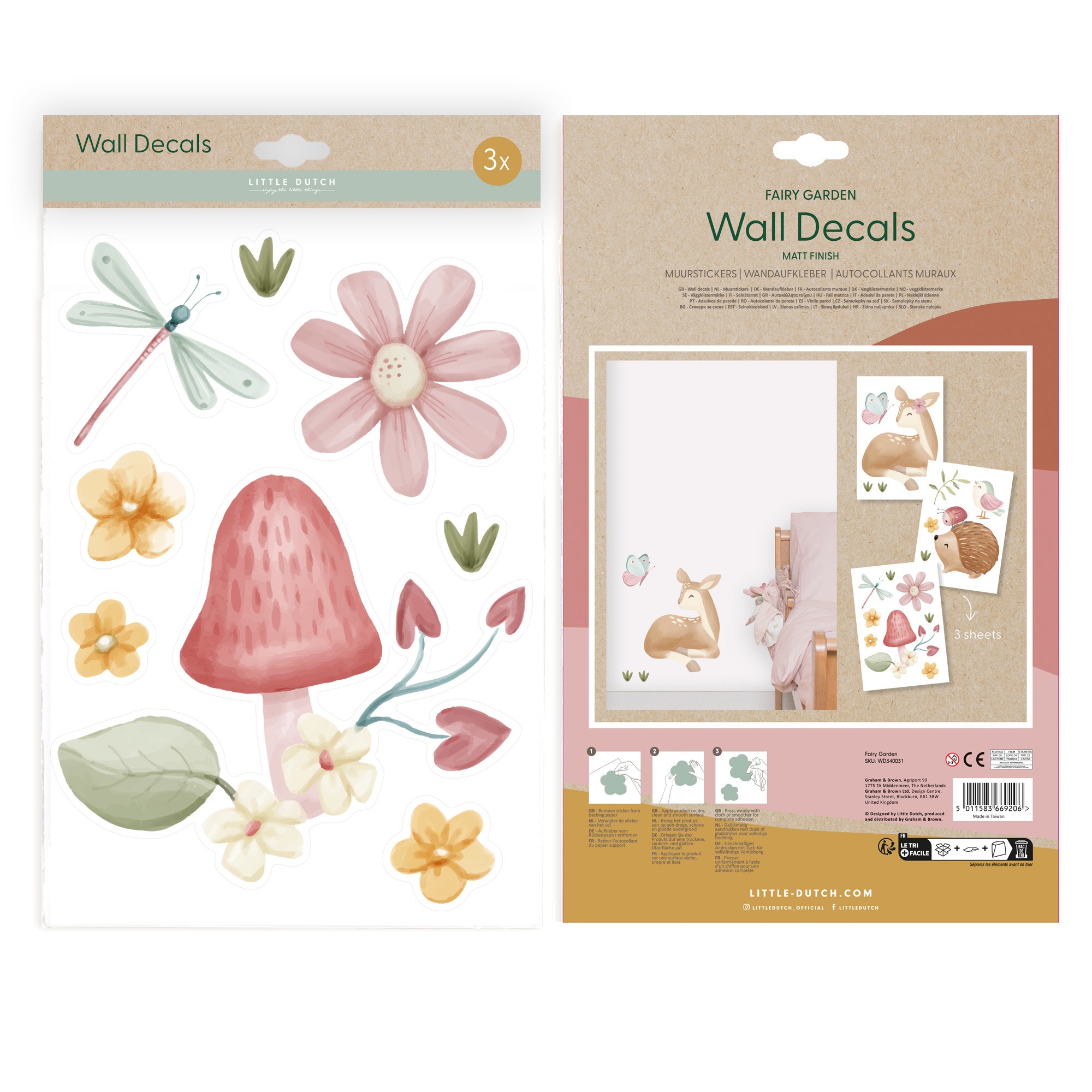 LITTLE DUTCH Wandtattoo »Wandsticker Set Fairy Garden A4 (3x St.)«, (Set, 3 St.), 3x A4-Format