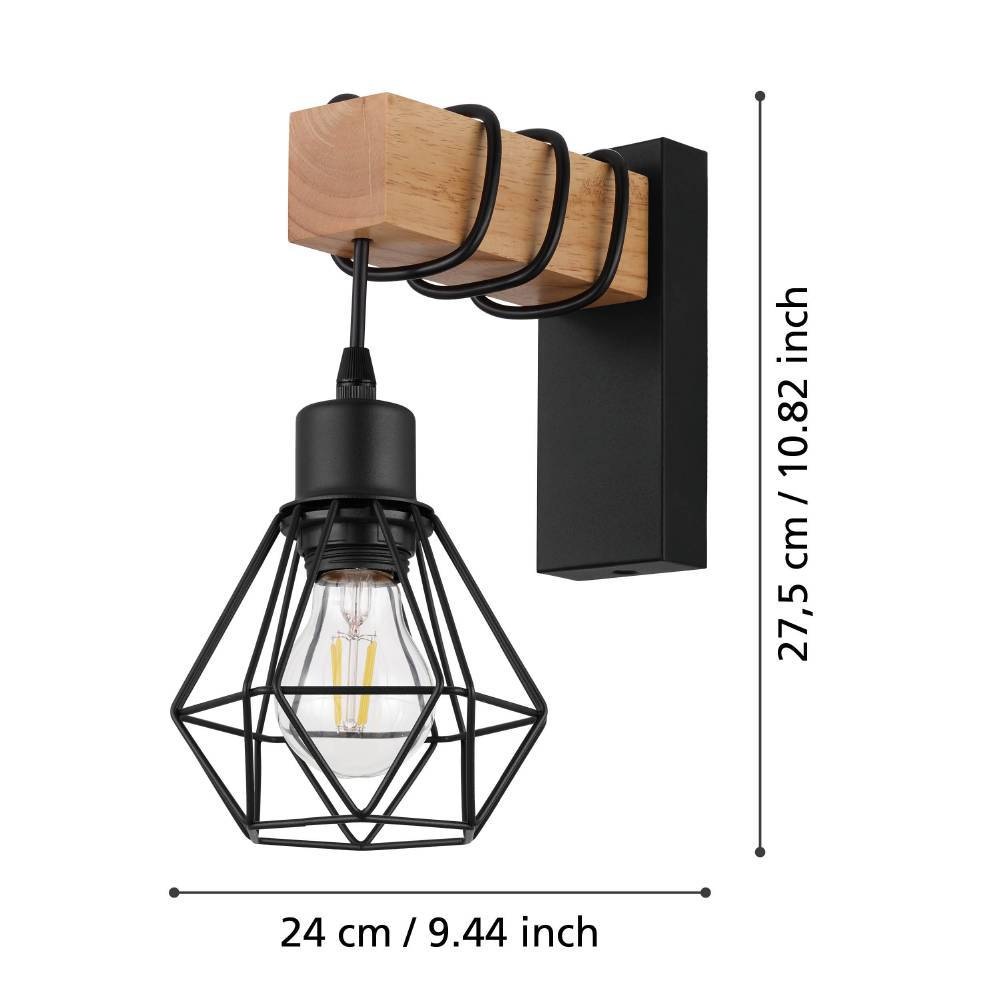 EGLO Wandleuchte »TOWNSHEND 5 Wandlampe, Stahl und Holz, E27, IP20, Wohnzimmerlampe«, 1 flammig, Leuchtmittel E27 | ohne Leuchtmittel, Wand-/Deckenleuchte, Wohnzimmer, L14 x H27,5 cm, schwarz, braun