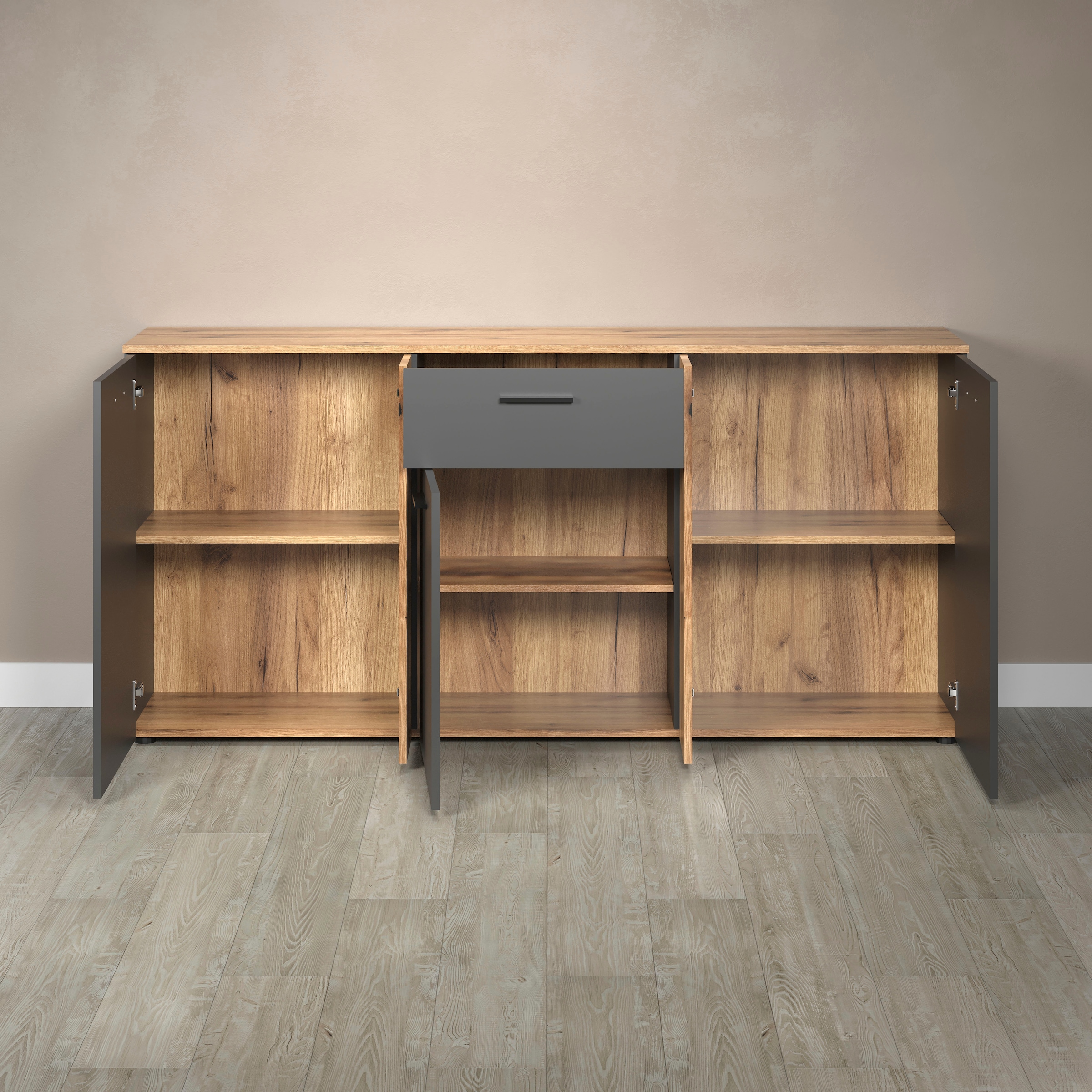 Home affaire Kommode »Estepona« Sideboard mit anpassbaren Türen mit Rillen-Optik