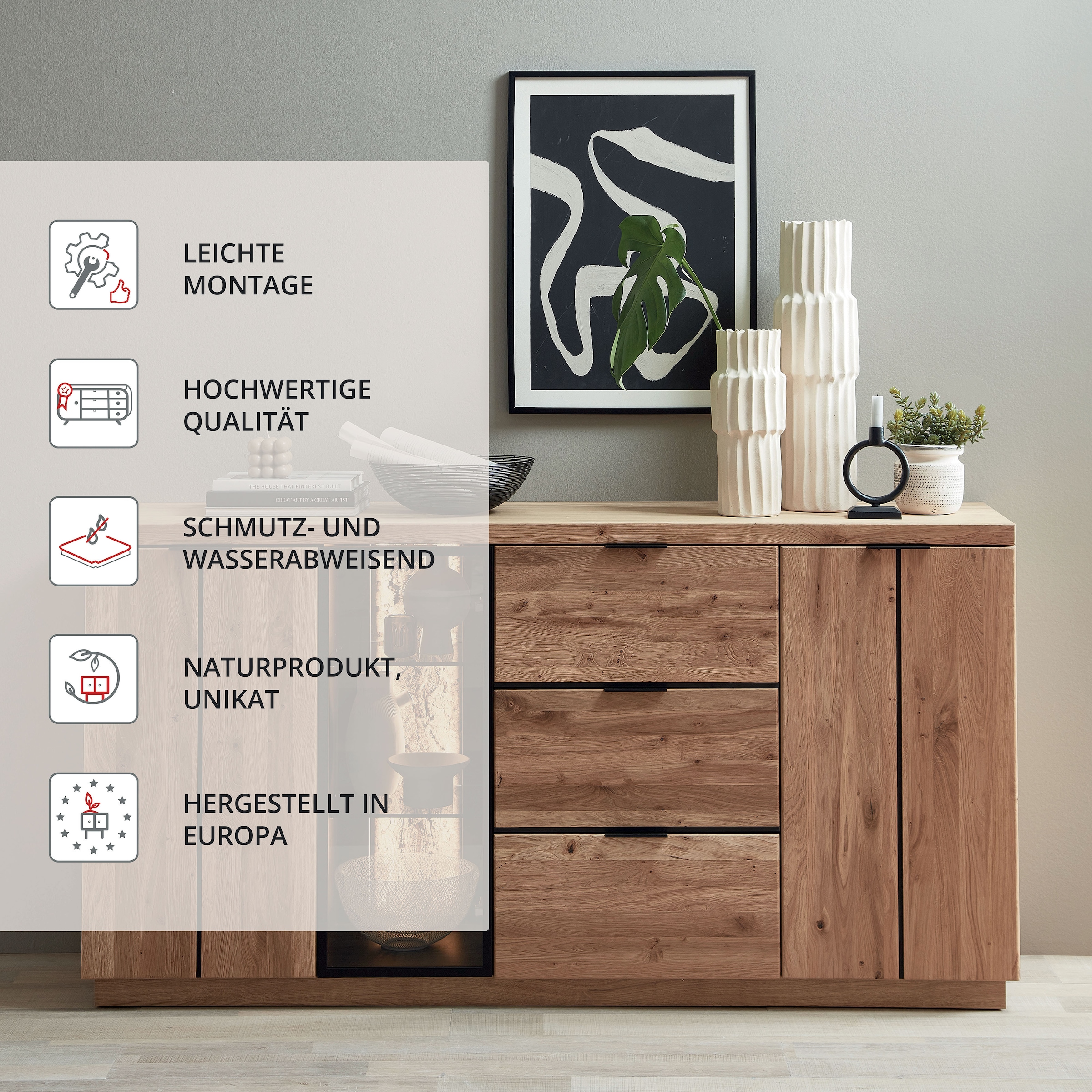 Wohnconcept Sideboard »Donna Sideborad, 180x93x48 (BxHxT)« 1 Stk. tlg. Beleuchtung optional bestellbar, 3 türig, 3 Schubkasten, Softclose