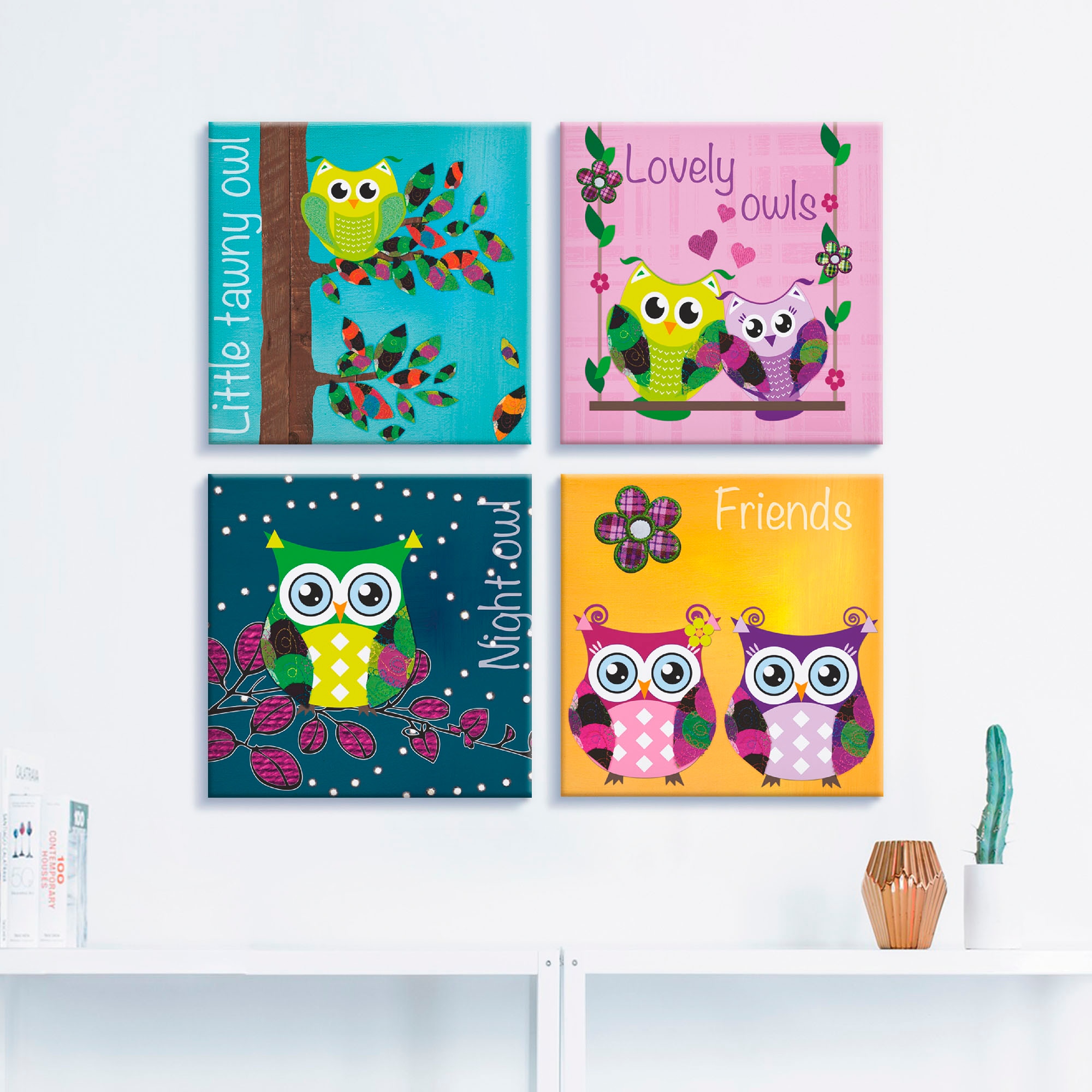 Artland Leinwandbild »Eulen«, Vögel, (4 St.), 4er Set, verschiedene Größen
