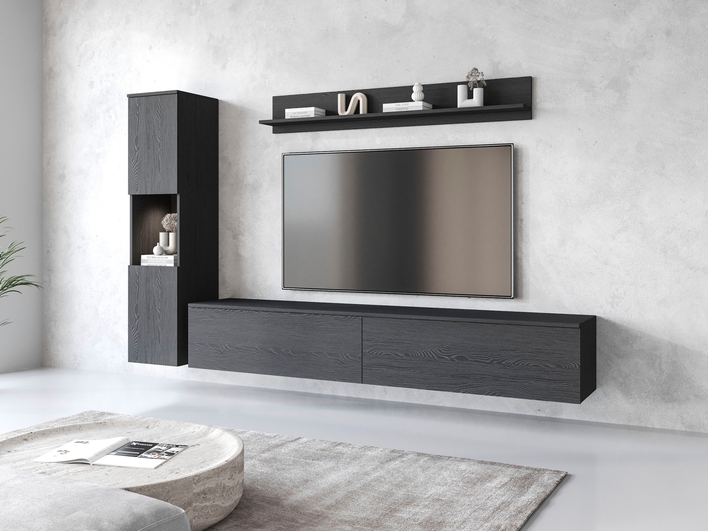 INOSIGN Wohnwand »PARIS«, (Komplett-Set, 3 St.), TV-Wand 220cm breite, grifflose Design, stehend und hängend montierbar