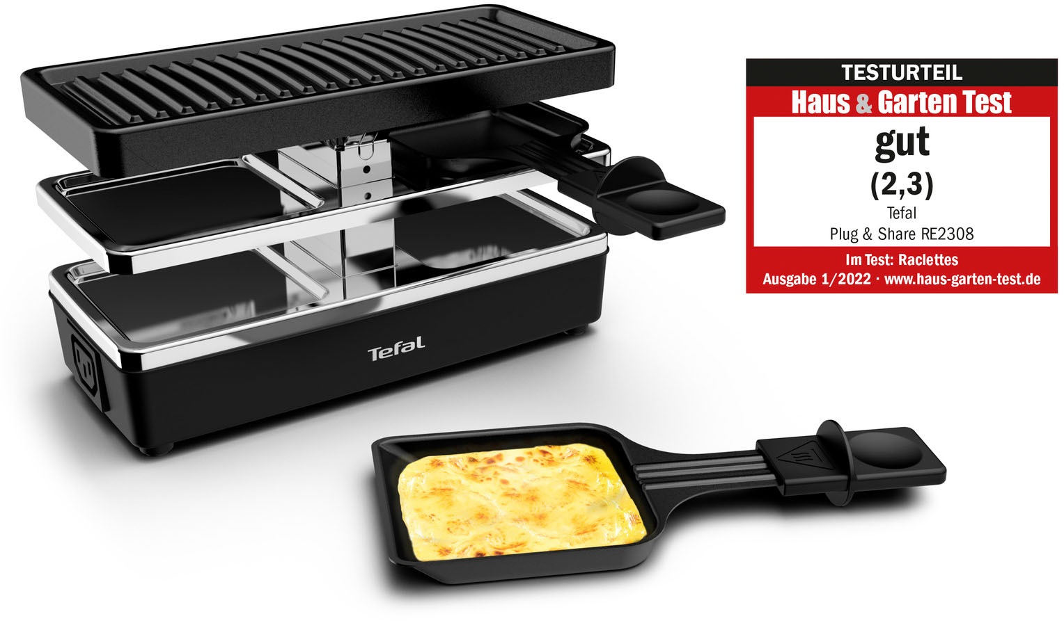 Tefal Raclette »Plug&Share, mit Erweiterungsmöglichkeit, abnehmbares Kabel«, 2 St. Raclettepfännchen, 400 W, spülmaschinengeeignete Pfännchen und Platte, platzsparend, RE2308