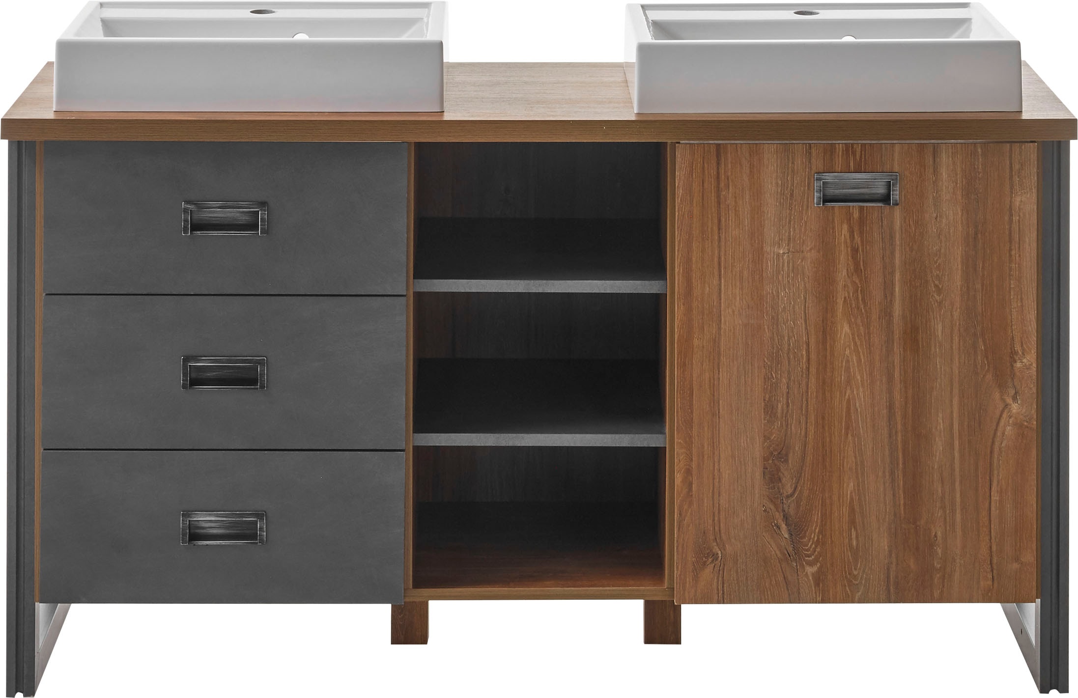 Home affaire Badmöbel-Set »Detroit, Bad im Industrialdesign, inkl. LED, 2-teiliges Badezimmer«, (3 St.), Waschtisch und Spiegel, inkl. zwei Aufsatzwaschbecken aus Mineralguss