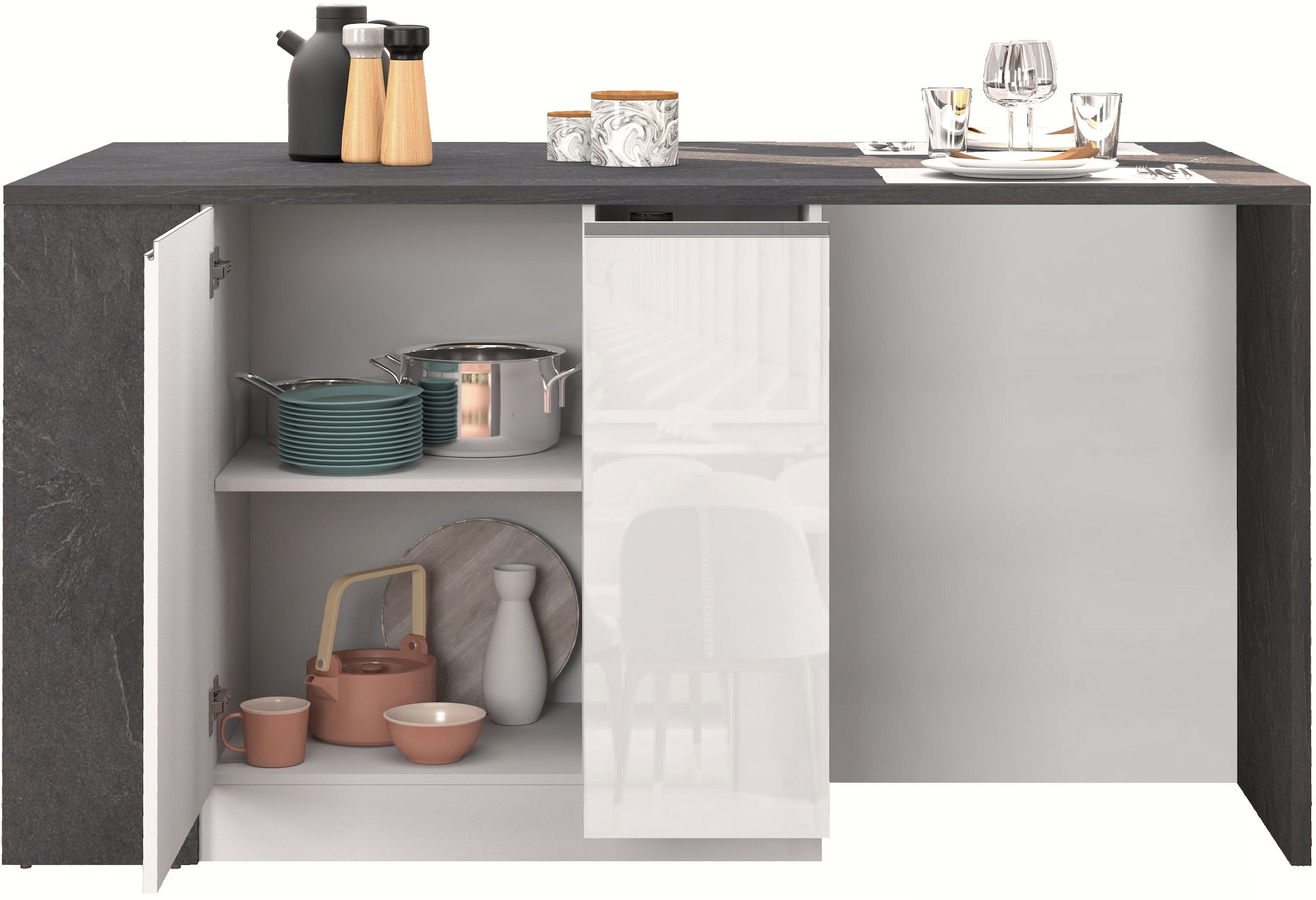 KOCHSTATION Kücheninsel »KS-Sole, Kochinsel, Küchenarbeitsblock, Arbeitsinsel, Made in Italy« Breite 167,5 cm, 2 Apothekerauszüge, 2 Essplätze, 1 offenes Regal