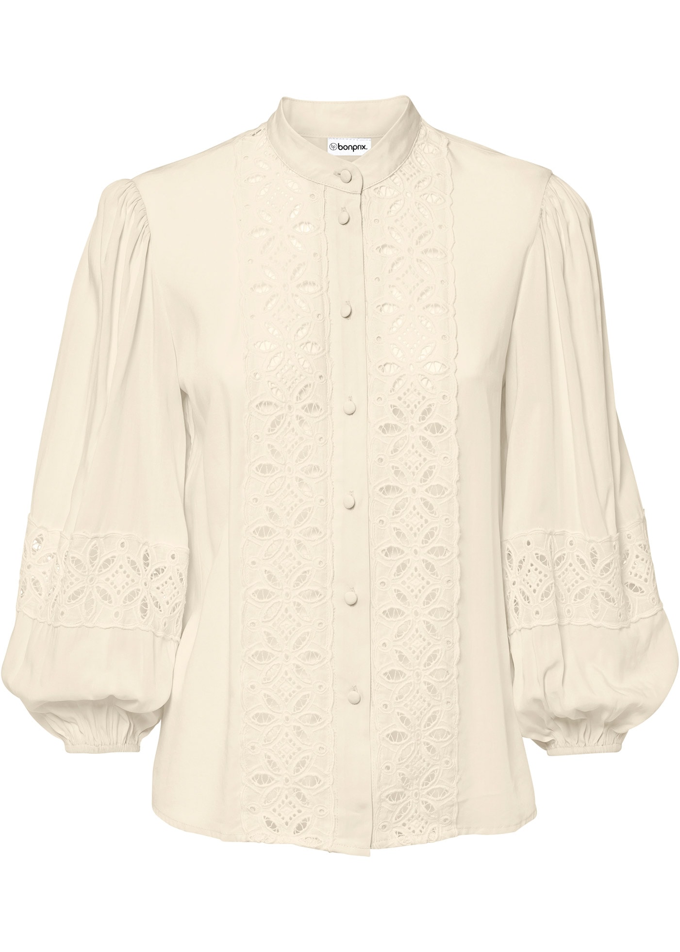 bonprix Spitzenbluse mit 3/4 Puffärmel, tolle Lochspitze, Stehkragen, Knopfleiste