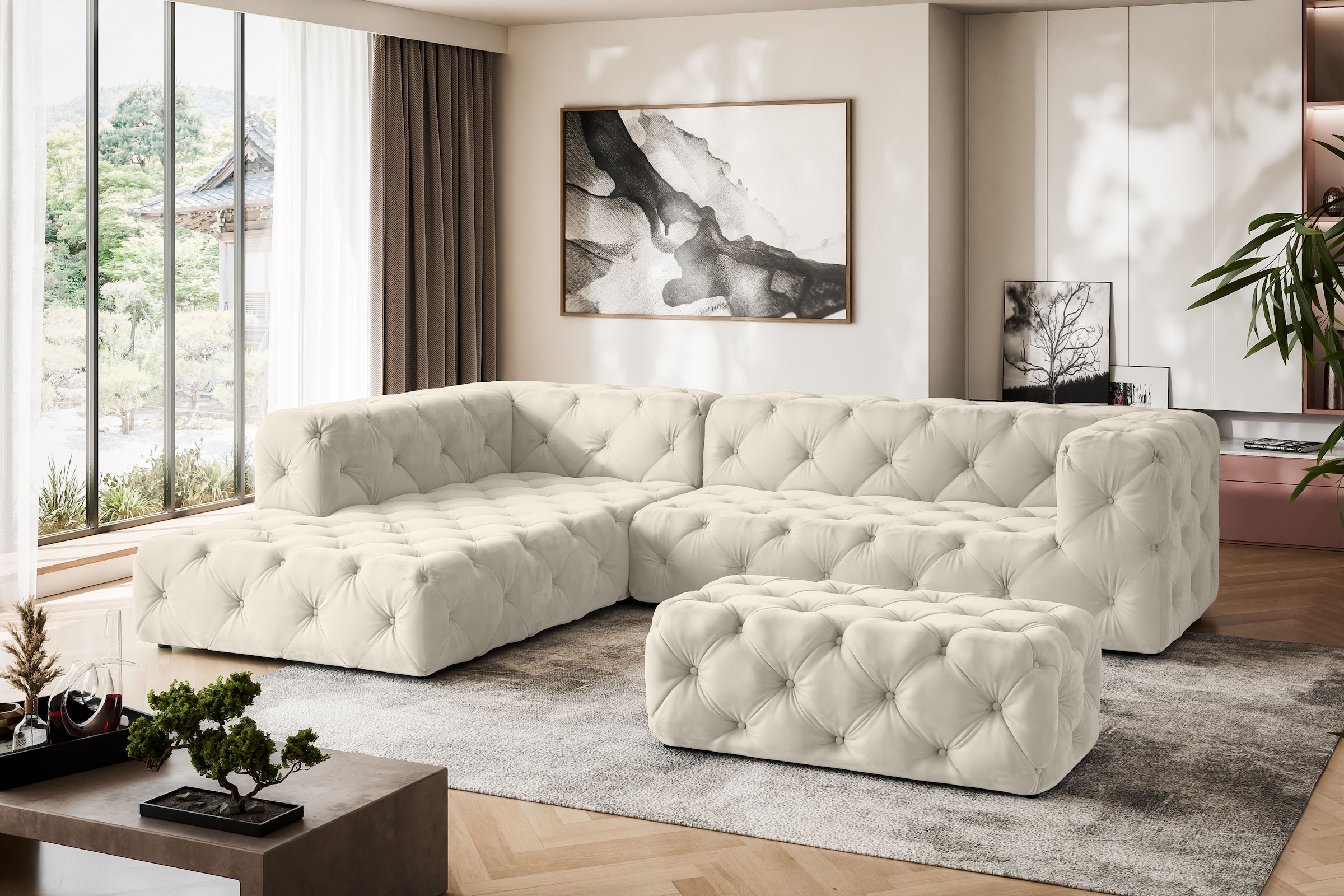 Places of Style Polsterhocker »FOLLINA«, Polsterhocker mit klassischer Chesterfield-Knopfheftung