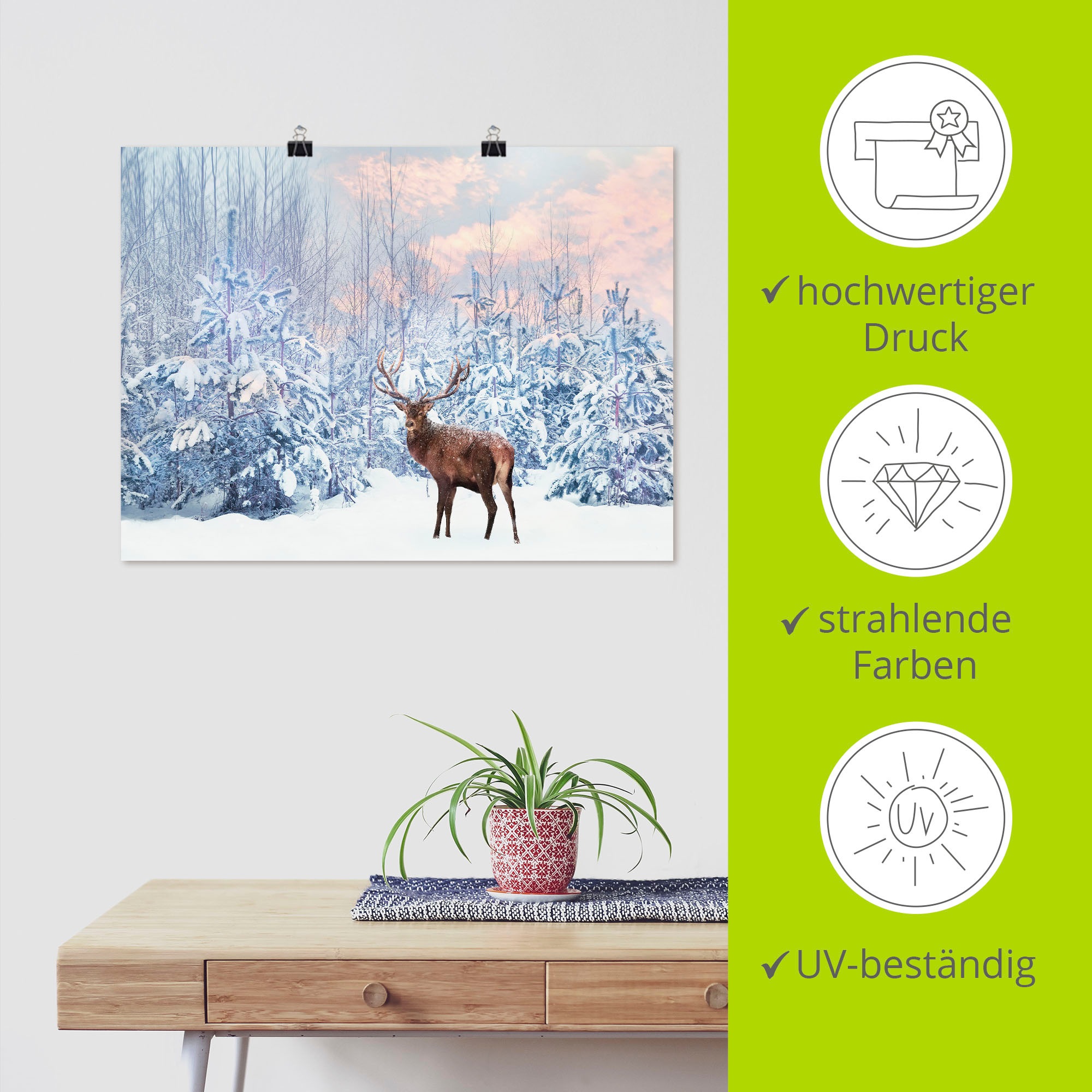 Artland Wandbild »Hirsch im Winterwald«, Hirschbilder, (1 St.), als Leinwandbild, Poster in verschied. Größen