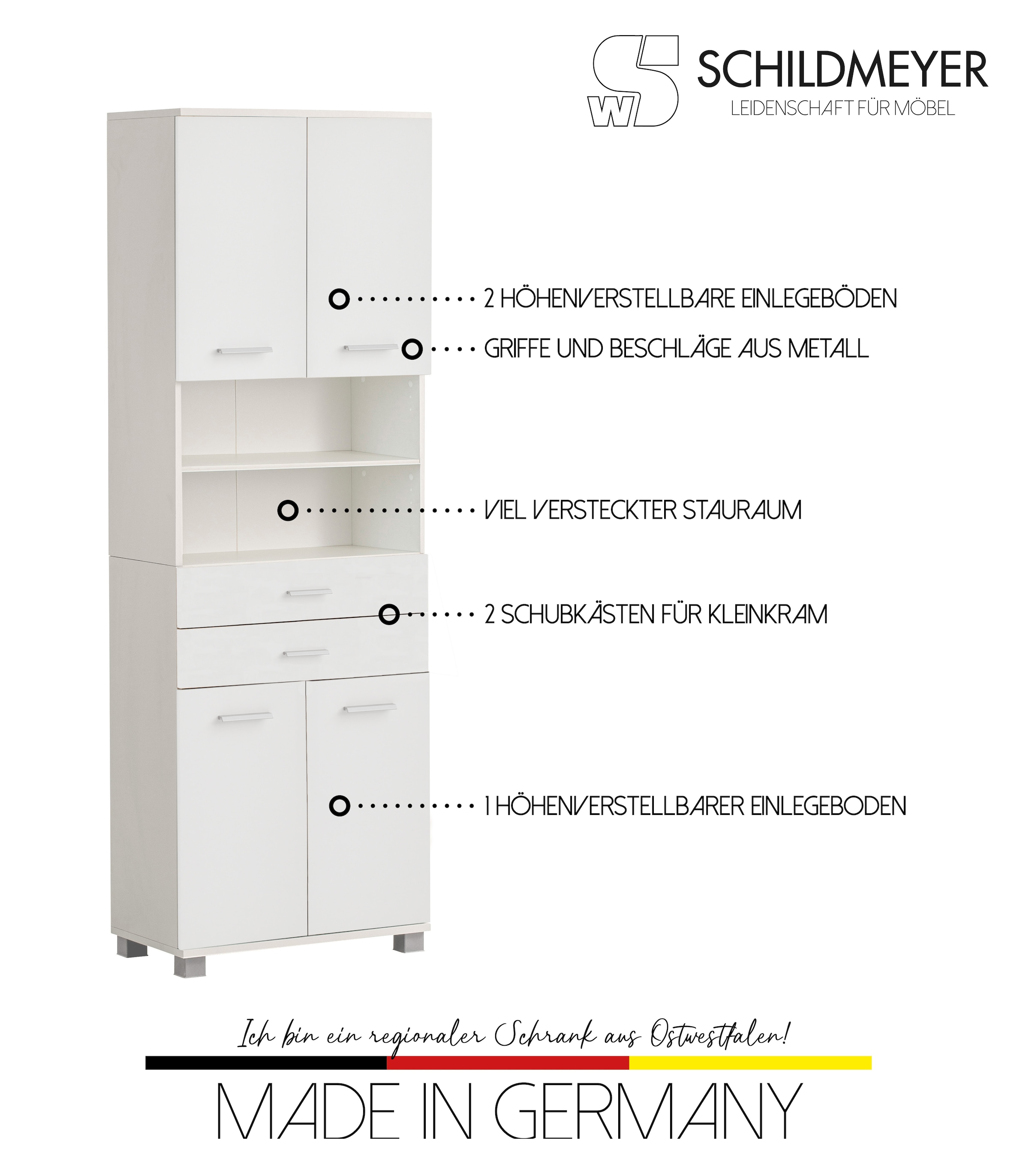welltime Hochschrank »Palermo, Made in Germany«, Breite 60 cm, verstellbare Einlegeböden, Metallgriffe