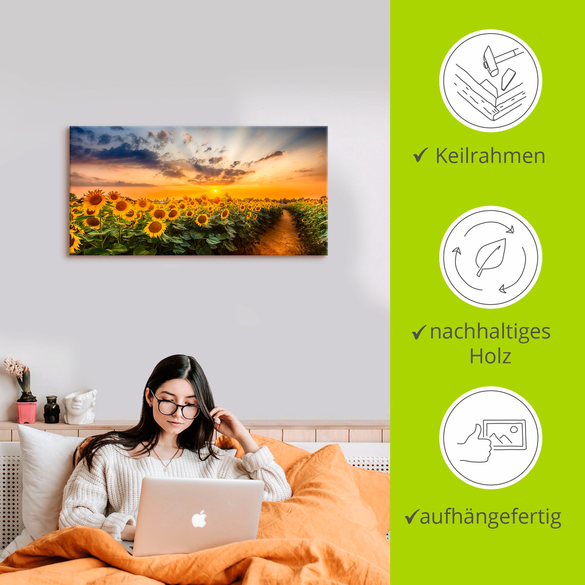 Artland Wandbild »Sonnenblumenfeld bei Sonnenuntergang«, Blumenbilder, (1 St.), als Alubild, Outdoorbild, Leinwandbild, Poster in verschied. Größen